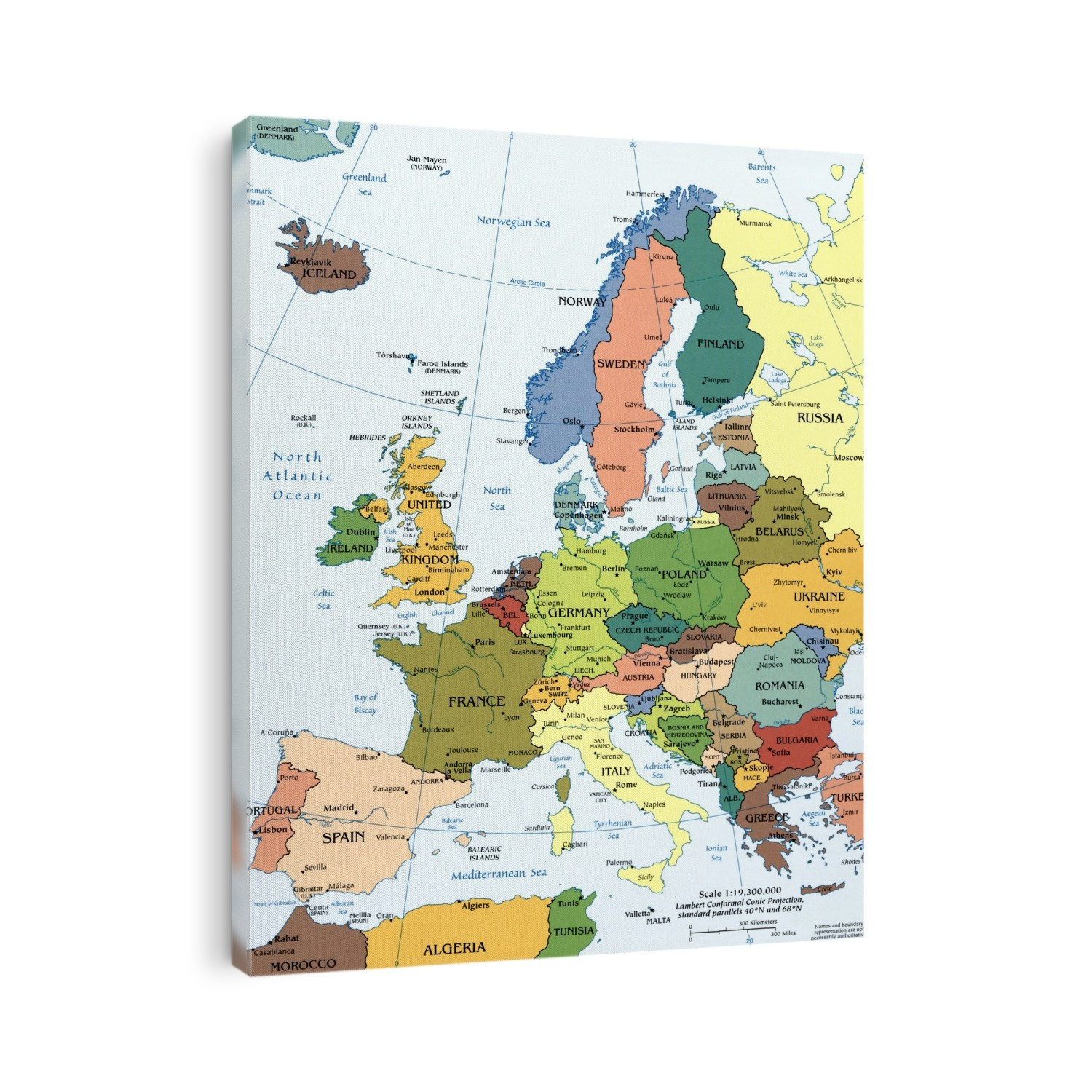 Political map of Europe. This map, which dates from 2008, shows the countries, seas and major cities (black dots) of Europe. The capital cities (black stars), and the major rivers (blue lines) are also shown. The scale (lower right) is 1:19,300,000. The map projection used is the Lambert Conformal Conic Projection, standard parallels 40 degrees North and 68 degrees North. The Arctic Circle (dotted line) runs across top.