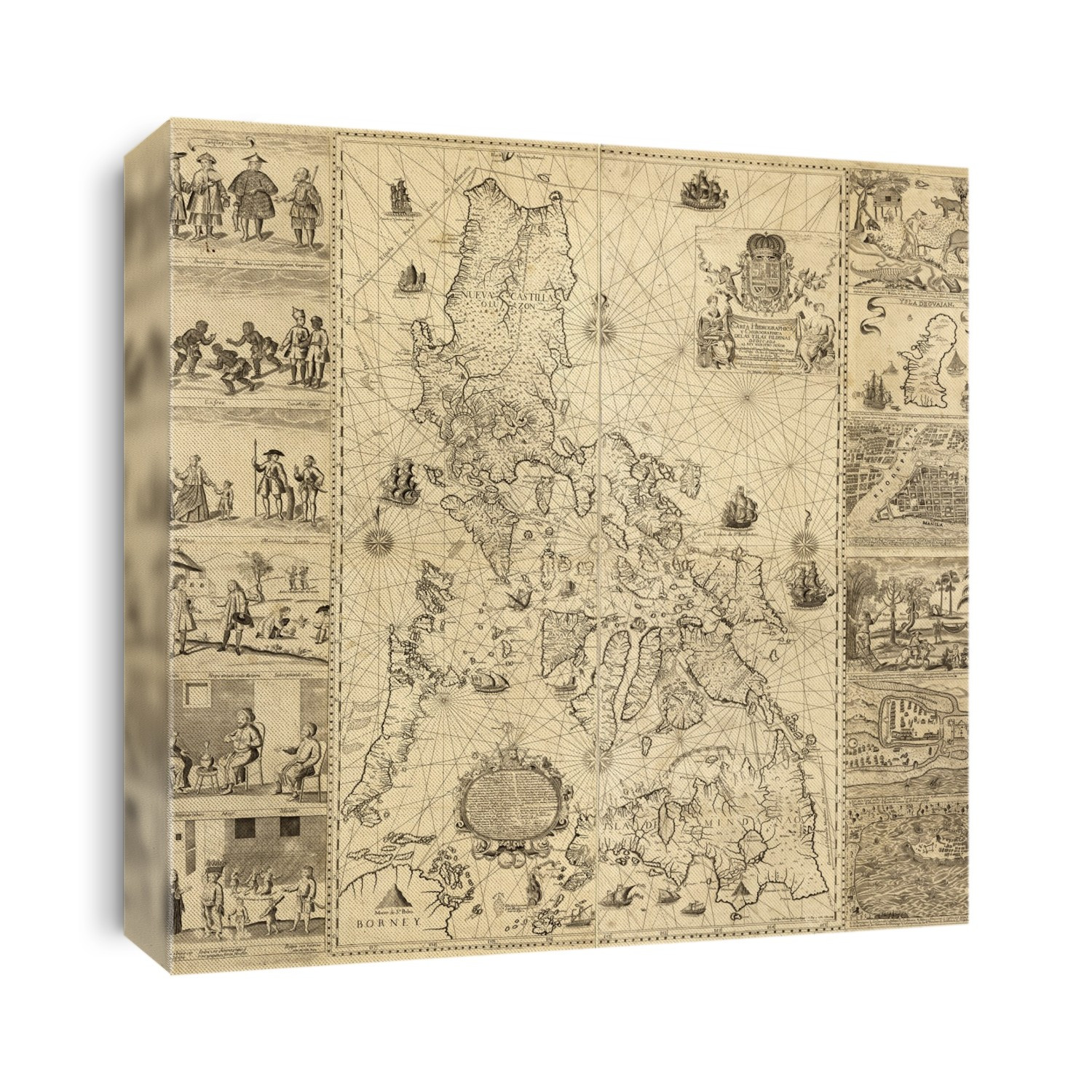 Map of the Philippines. 18th-century Spanish map of the Philippines (then part of the Spanish Empire), published in Manila in 1734. The main map includes pictorial relief, an inset title and Spanish coat-of-arms (upper right), descriptive text (lower left), ships, the names of coastal towns, and historical sailing routes. The flanking engravings show maps of Guam, and the cities of Manila, Cavite, and Zamboanga, along with illustrations of different indigenous peoples. These are: Sangleyes, Kaffirs, a Camarin, a Lascar, mestizos, a Mardica, Japanese, an Armenian, a Mughal, and a Malabar. The map was drawn by drawn by Jesuit priest Pedro Murillo Velarde (1696-1753), and engraved by Nicolas de la Cruz Bagay