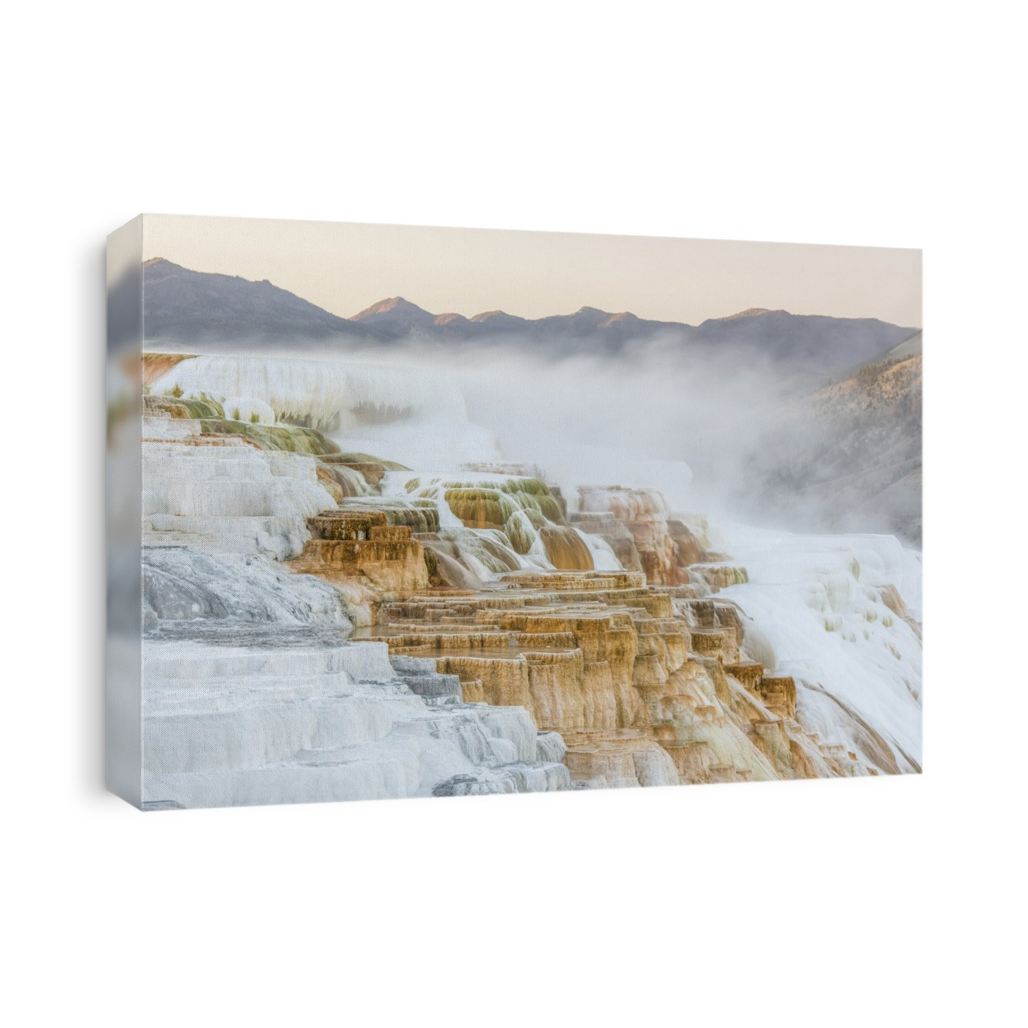 Mineral deposits and steam vapors of Canary Spring at the Mammoth Hot Springs in Yellowstone Natural Park; Wyoming, United States of America