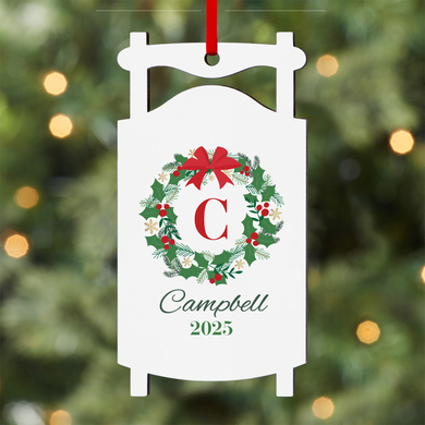 Festive Wreath Initial Sled Ornament