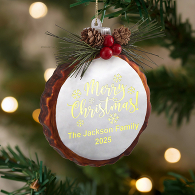 Merry Christmas Rustic Pine Lighted Glass Ornament