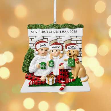 Cozy Fireplace Couple with Dog Ornament