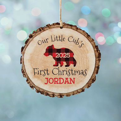 Little Cub's First Christmas Rustic Wood Round Ornament
