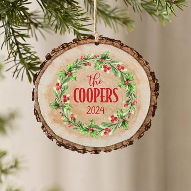 Holly Berry Wreath Rustic Wood Round Ornament