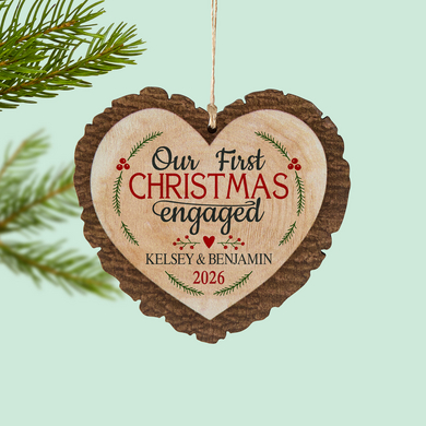 First Christmas Engaged Rustic Wood Heart Ornament