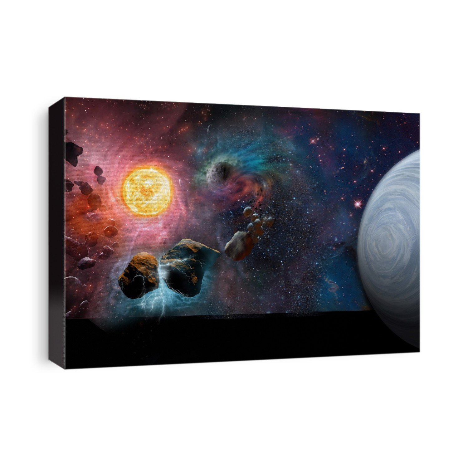 Alien planetary system. Illustration of planets and colliding asteroids orbiting their parent star in an alien planetary system. As of 2017, over 3600 alien planets have been detected orbiting distant stars.