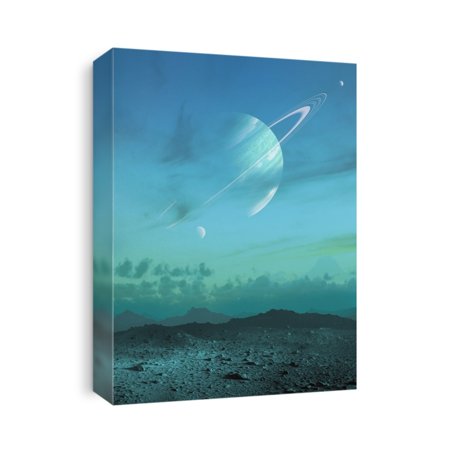 Illustration of the exoplanet Kepler 90h seen from the surface of one of its moons. Kepler 90h is one of seven planets known to orbit the G-type star Kepler 90. It is likely a gas planet. Its mass and radius are very similar to Jupiter's but it is rather warmer with an average temperature of around 19 Celsius. It orbits its star within the habitable zone 'where liquid water is possible of the surface of a planet under ideal conditions - in 332 days at almost exactly the same distance that the Earth goes around the Sun, one astronomical unit. In this scene the planet is imagined with a set of Saturn-like rings, seen from the surface of a rocky moon with a substantial atmosphere.