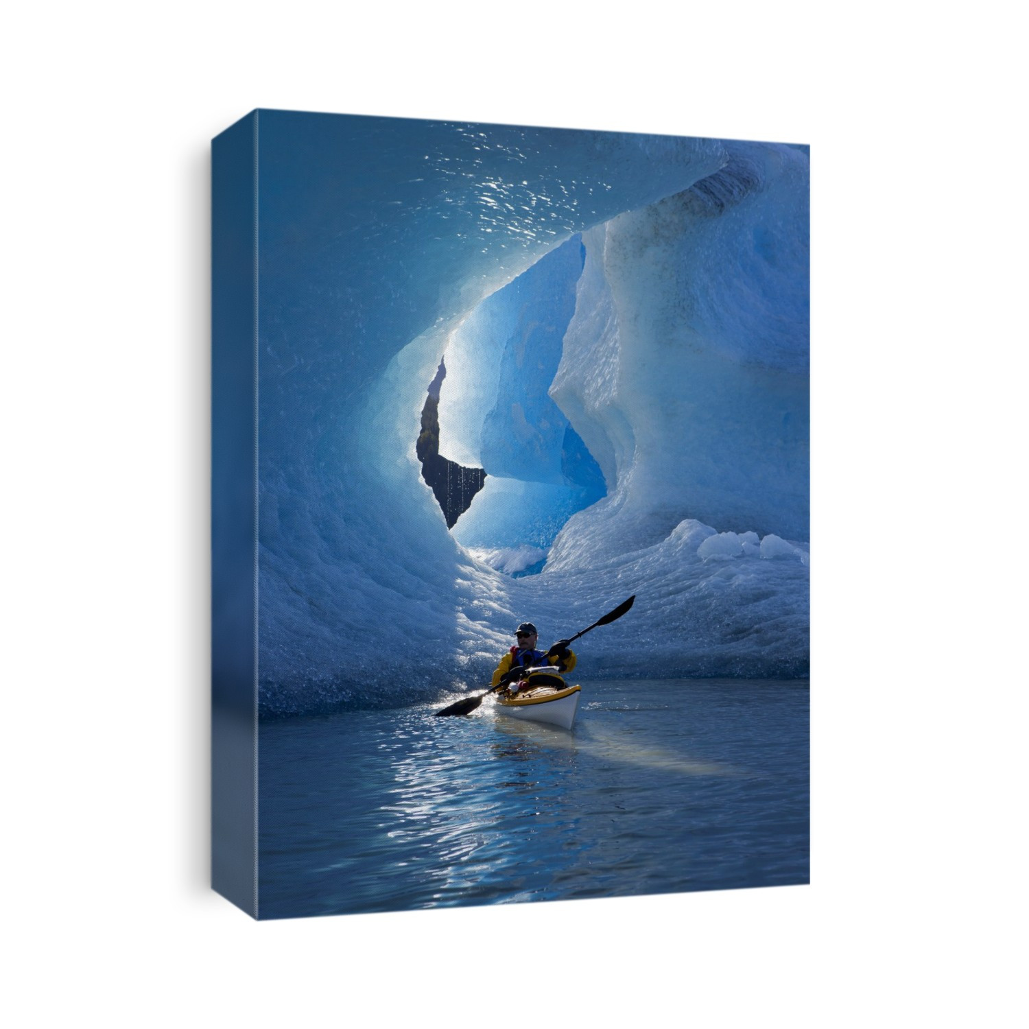 Sea Kayaker On Mendenhall Lake With Big Blue Iceberg In The Background, Southeast Alaska, Summer