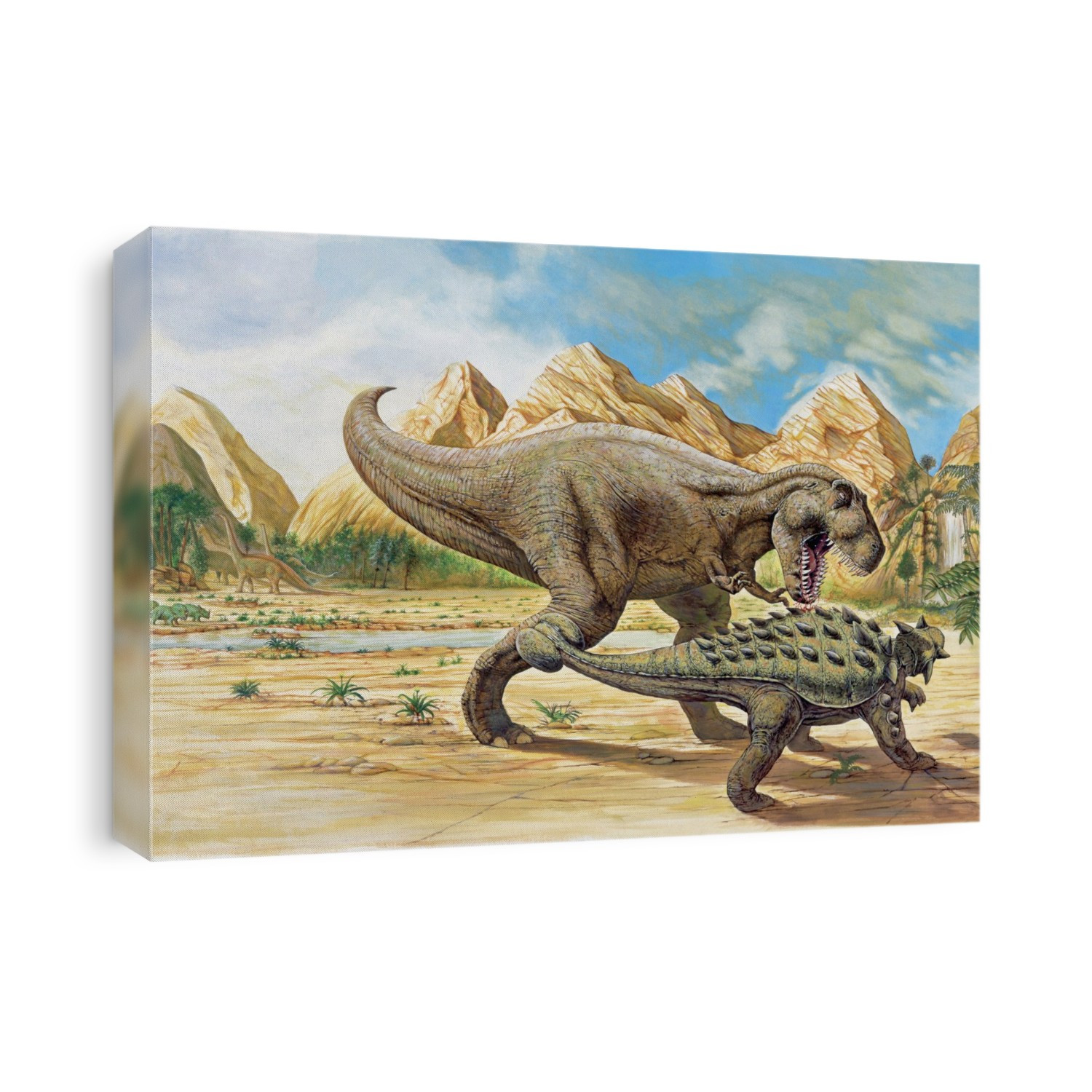 Tyrannosaurus rex and euoplocephalus dinosaurs walking on a landscape.