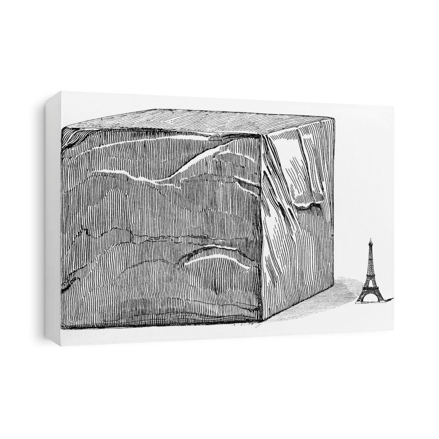 Coal production in 1900. Historical artwork of a block (left) measuring 900 metres on each side (729 million cubic metres) compared in size to the Eiffel Tower (lower right) in Paris, France. The block represents the amount of coal mined worldwide in the year 1900. The Eiffel Tower, completed in 1889, is 324 metres tall. Artwork from the third edition of 'Les Entrailles de la Terre' (1902) by French author Eugene Caustier.