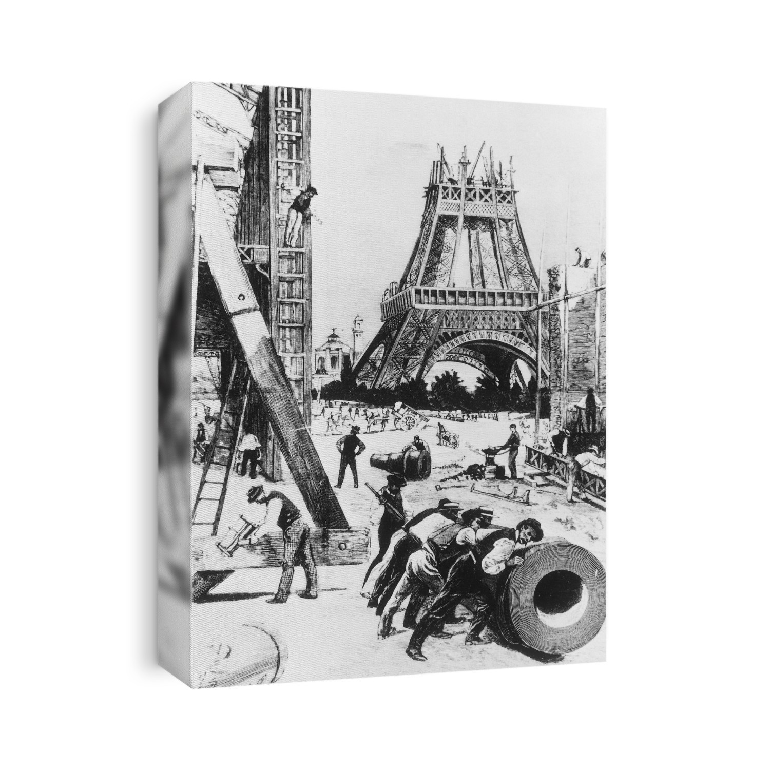 Eiffel Tower. Illustration of the Eiffel Tower during construction in 1888. The open-lattice tower (centre) was designed by Alexandre Gustave Eiffel (1832-1923) and erected for the 1889 Paris Exhibition. It cost #260, 000, used 15, 000 wrought-iron sections and 2, 500, 000 rivets and, including its installations, originally weighed 9700 tonnes. Without its modern broadcasting antenna, it stands 312 metres high, and was the world's tallest man-made structure until 1930. During the early 20th century, the tower held laboratories for the study of astonomy, biology, meteorology, atmospheric pollution, as well as radio and television transmitters.