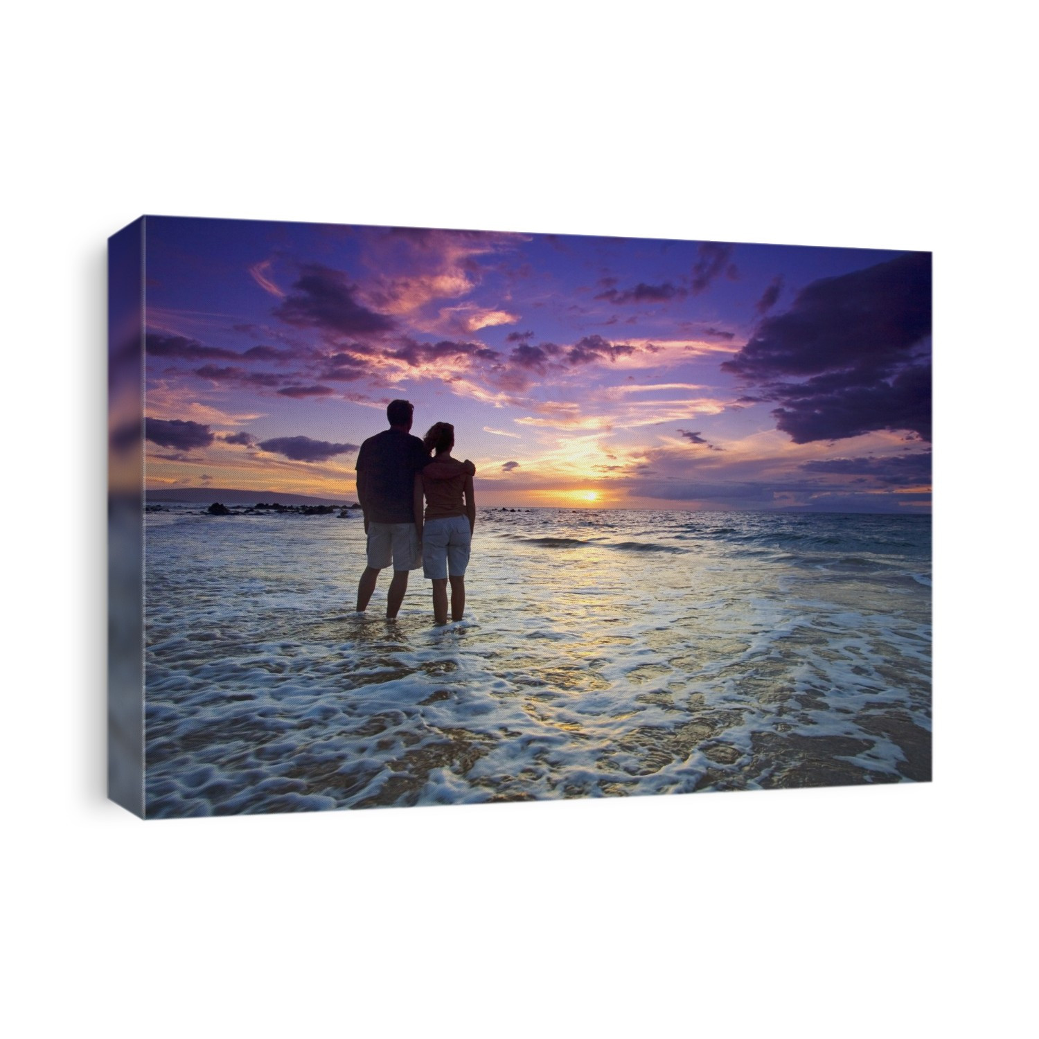 USA, Hawaii Islands, Maui, Mokapu Beach; Wailea, Couple Watching Sunset While Wading In Ocean