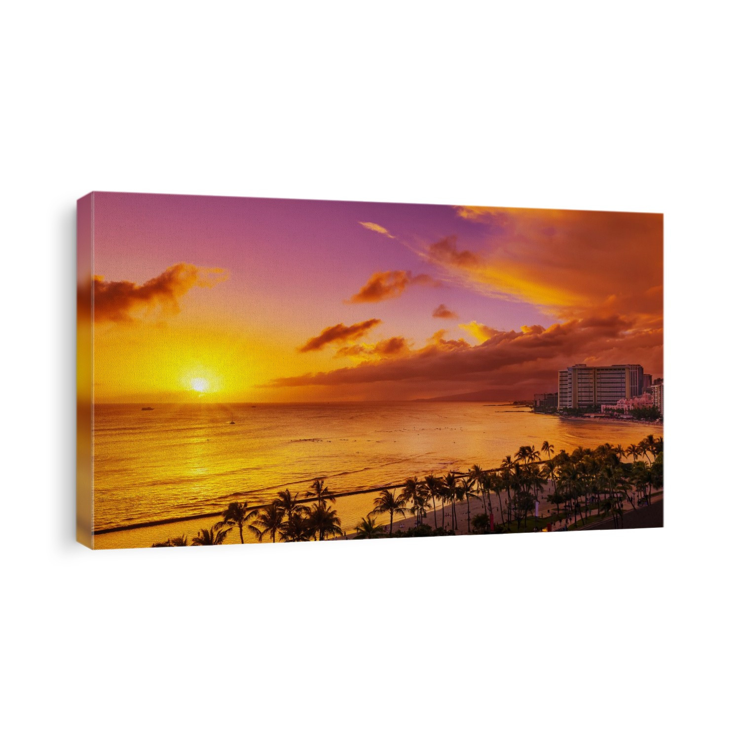 Condominiums and palm trees along the coastline of Waikiki at sunrise; Honolulu, Oahu, Hawaii, United States of America