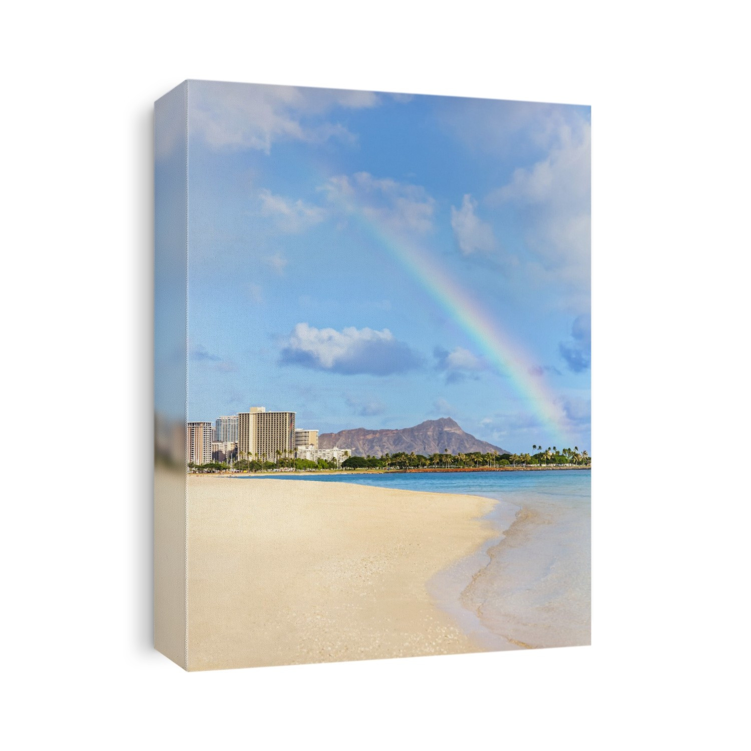 View Of Waikiki Beach And Diamond Head Crater At Ala Moana Beach Park With A Rainbow Overhead; Honolulu, Oahu, Hawaii, United States Of America