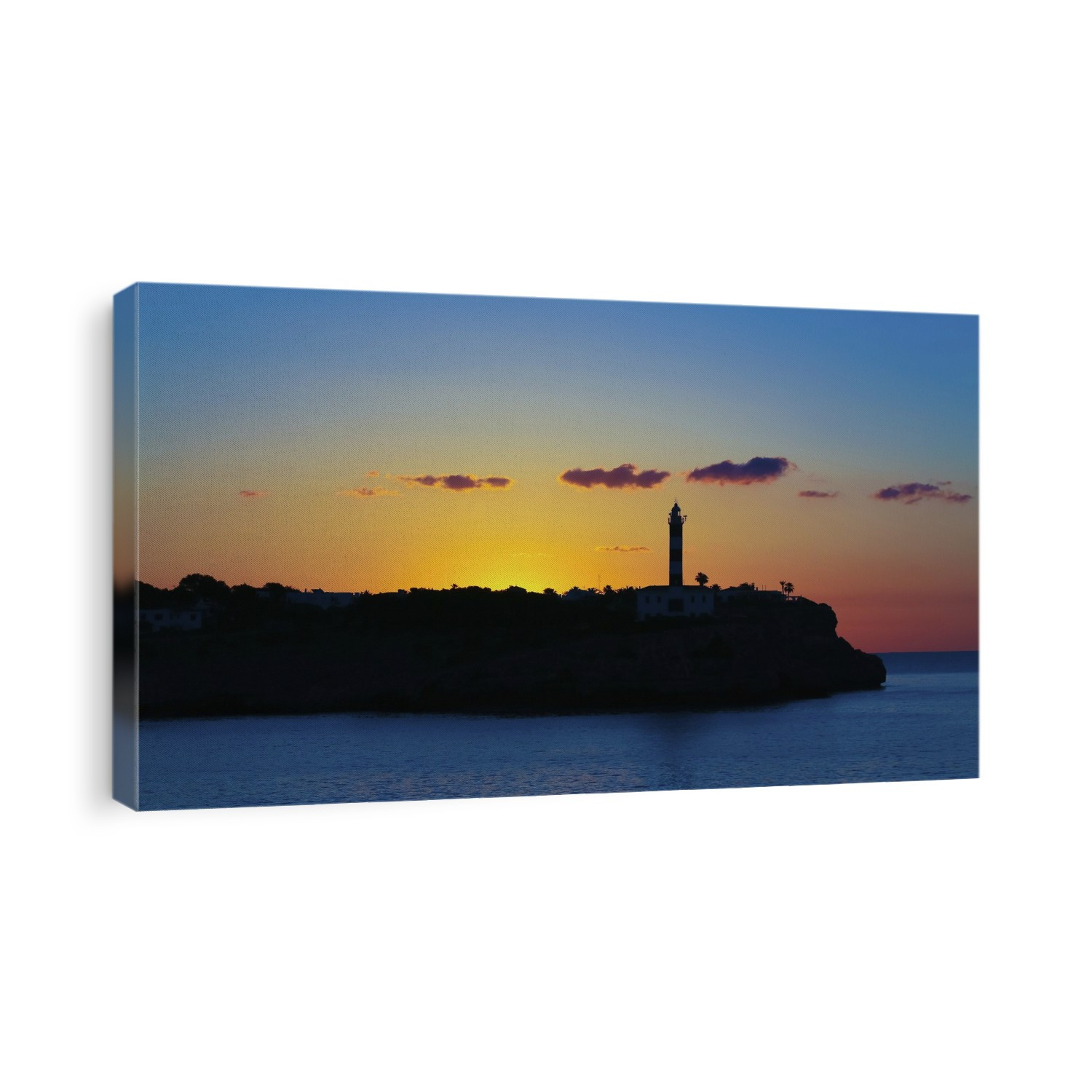Silhouette of a lighthouse on the coast.