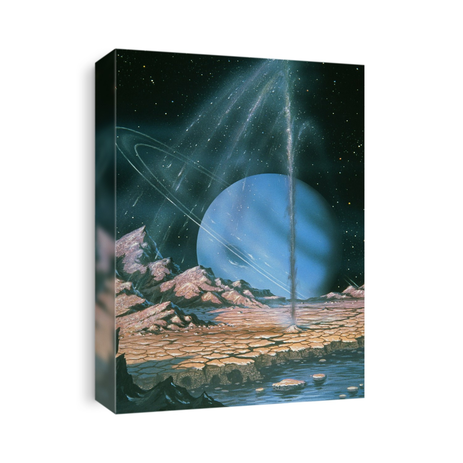 Artist's impression of the planet Neptune seen from its largest moon, Triton. The artwork shows a geyser of liquid methane erupting from Triton's surface. The possibility of methane geysers was suggested by the data acquired during the Voyager 2 encounter with Neptune in August 1989. The artwork portrays Triton's surface as consisting of pinkish ices made of frozen methane and nitrogen. In the foreground, the terrain has subsided due to underground heating caused by tidal effects, forming a temporary lake. The artwork also shows Neptune's thin ring system and its Great Dark Spot.