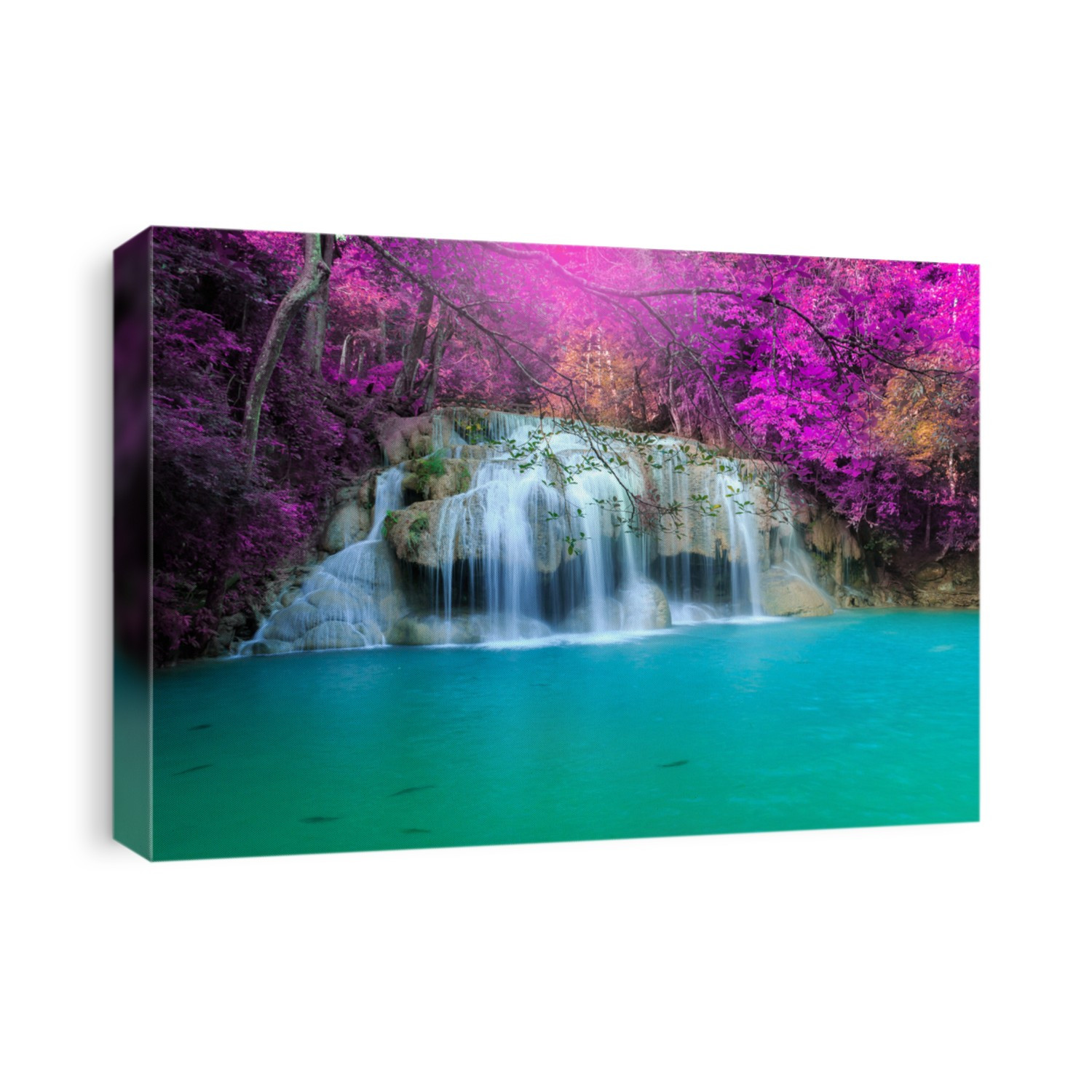 Erawan Waterfall, beautiful waterfall with sunlight rays in deep forest, Erawan National Park in Kanchanaburi, Thailand