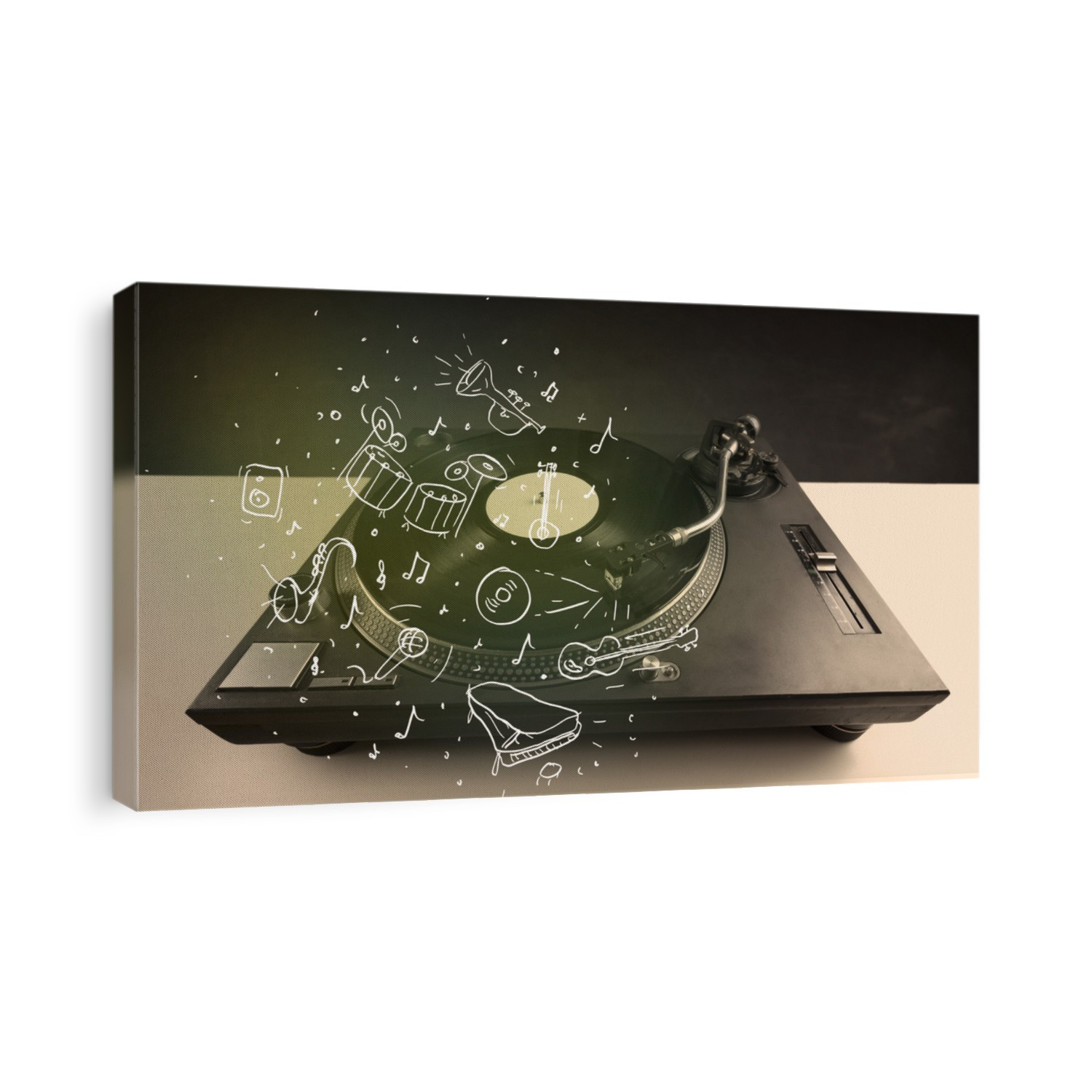 Turntable playing classical music with icon drawn instruments concept on background