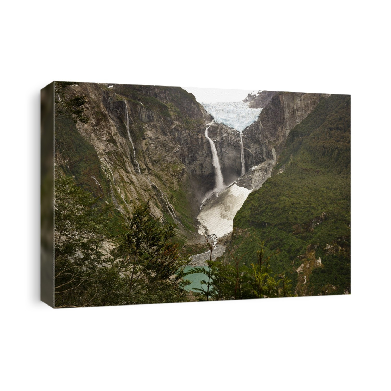 Yelcho Chico glacier. View over the Yelcho Chico river (bottom) towards the Yelco Chico glacier (white, top), Corocovado National Park, Patagonia, Chile.