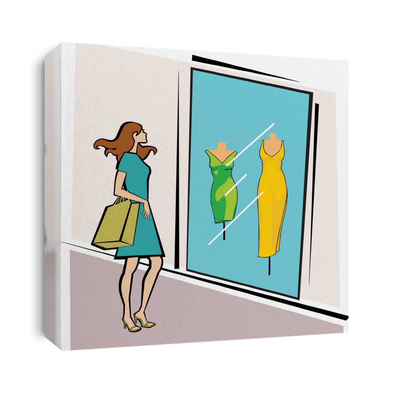Woman standing outside a clothing store with shopping bag, illustration.