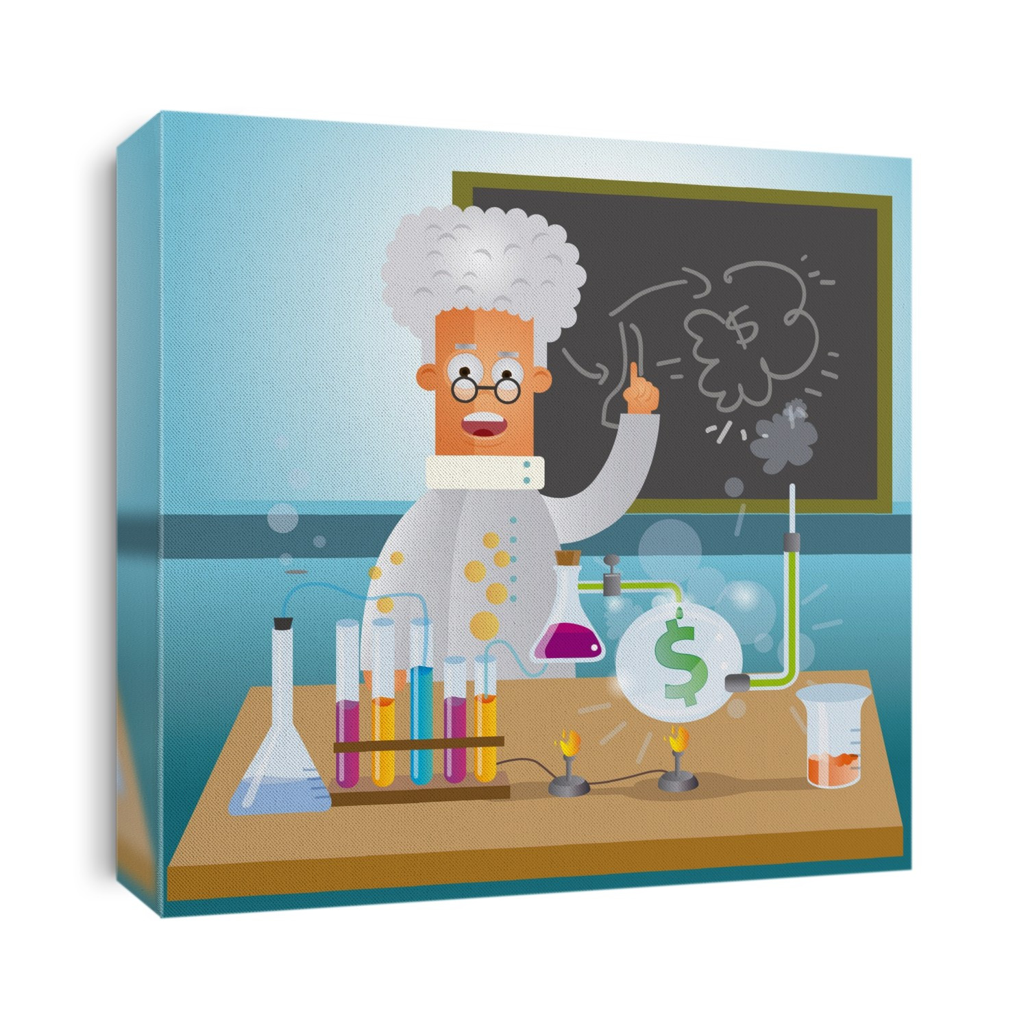 Illustration of scientific experiment and currency symbol.