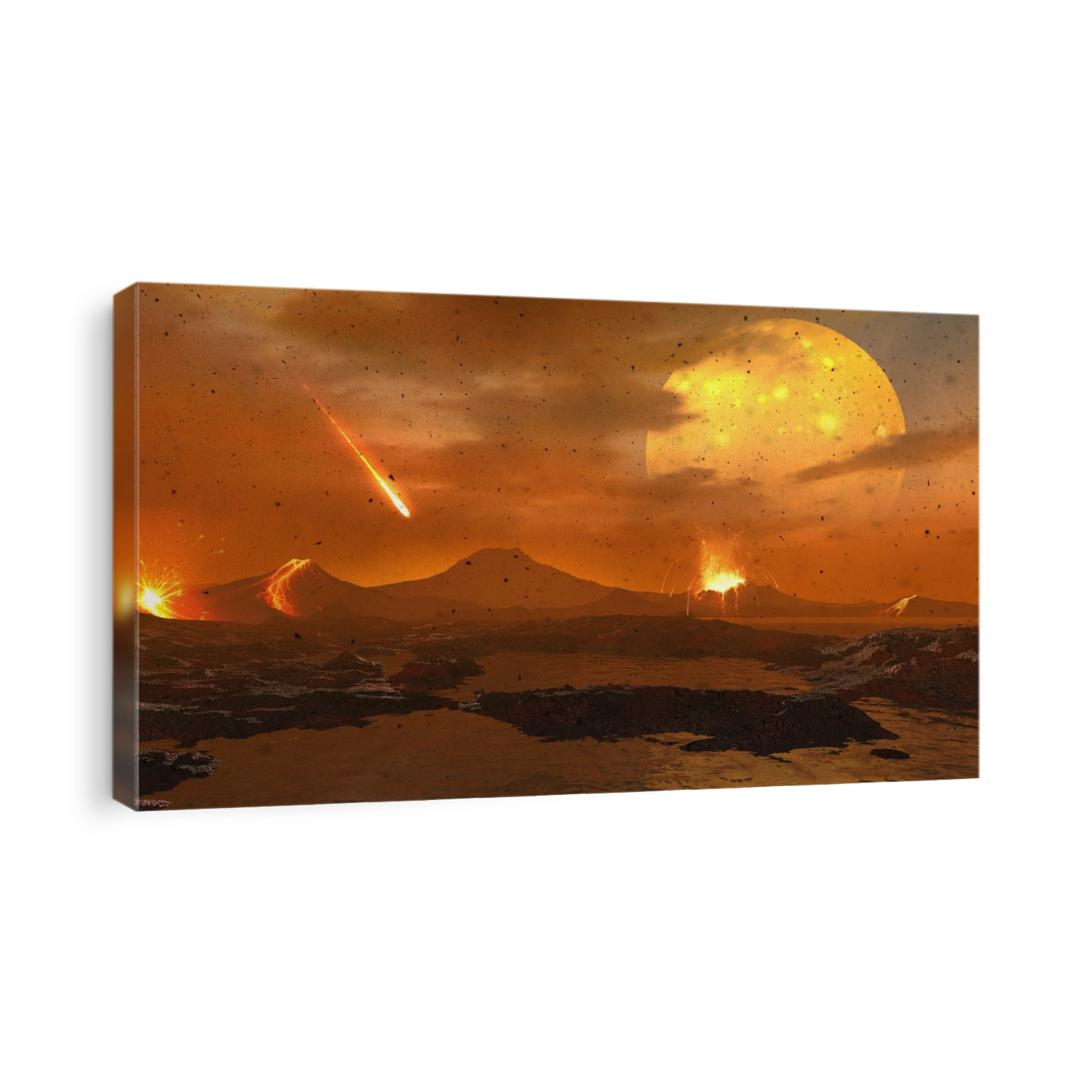 Illustration of the primitive Earth in the process of formation, more than four billion years ago. We view the newborn world from its troubled surface, a hell of volcanoes spewing lava, ash and smoke into the atmosphere. Meteorites fall frequently, illuminating the black, lifeless, surface rocks. And in the sky, the Moon - much closer to us then than it is now - endures a similar bombardment.