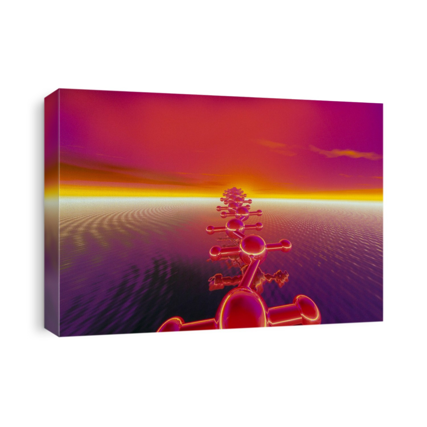 Hydrocarbon. Computer graphic of a long-chain hydrocarbon molecule stretching across the sea to the horizon. The distorted reflection of the molecule appears on the surface of the water. Hydrocarbons are compounds whose molecules contain only the elements hydrogen and carbon. Long-chain hydrocarbon molecules consist of a single unit (monomer) repeated many times. Plastics, such as polythene (which is made from the monomer CH2CH2), are sometimes made from long- chain hydrocarbon molecules. In polythene, the long chains are tangled together in a solid but flexible mass, giving polythene its strong, pliable quality.