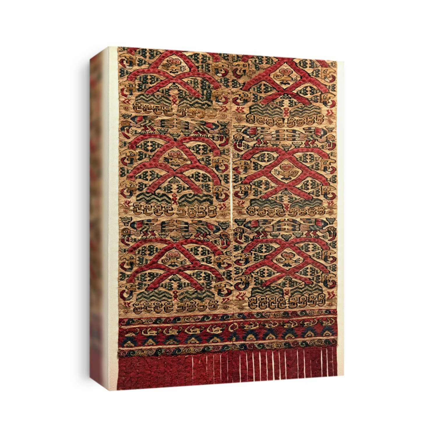 Ancient Peruvian fabric. Sections of fabric dating from the Chimu Imperial Epoch (1300AD-1532AD). This textile is composed of six elements of equal size, each of which frames an anthropomorphic figure wearing a half-moon shaped headdress. The Chimu were the residents of Chimor, with its capital at the city of Chan Chan, a large adobe city in the Moche Valley of present-day Trujillo city, Peru.