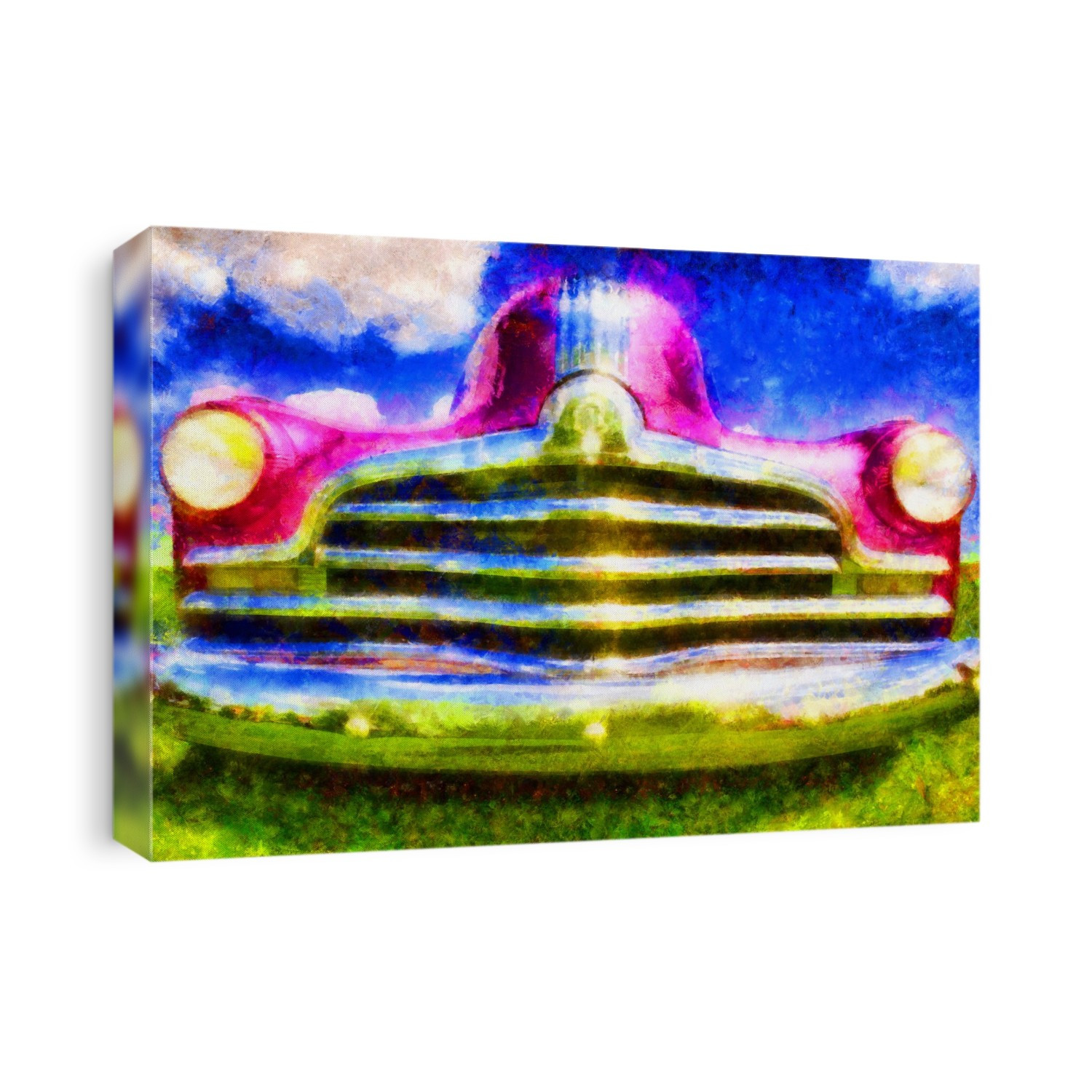 Digital painting of the grill and bumper of a pink classic car