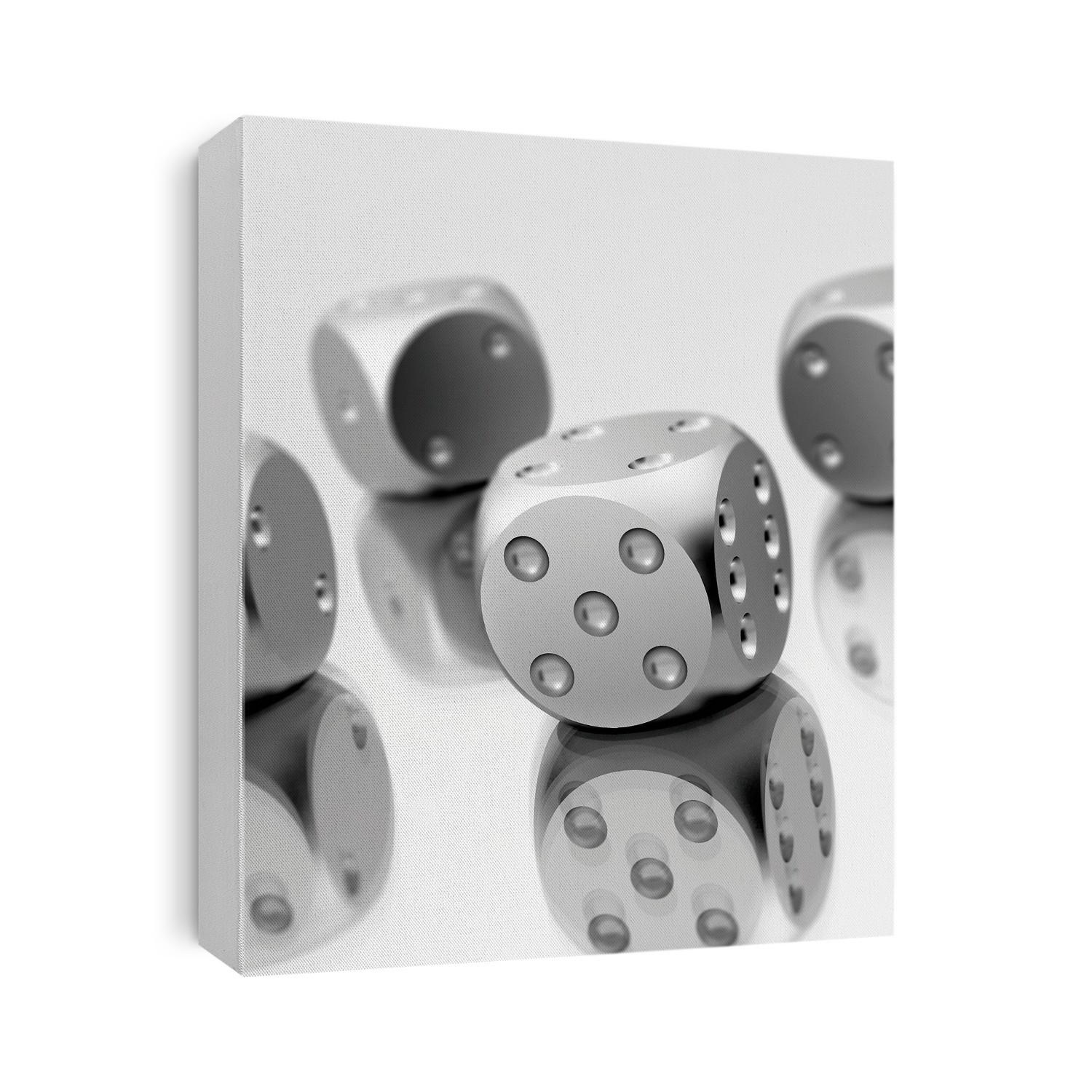 Steel dice. Conceptual computer artwork of four steel dice on a reflective surface.