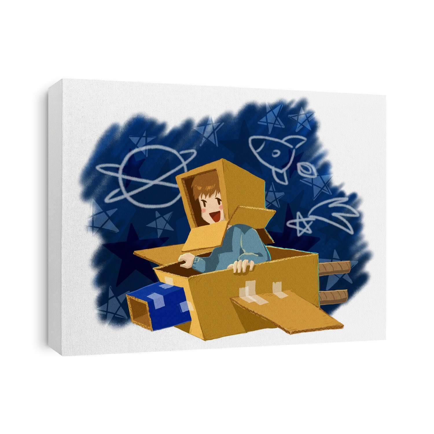 Illustration of boy flying cardboard plane over white background.