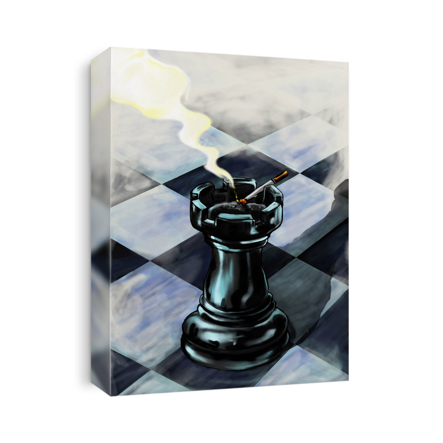 Rook used as an ash tray a chess board, illustration.