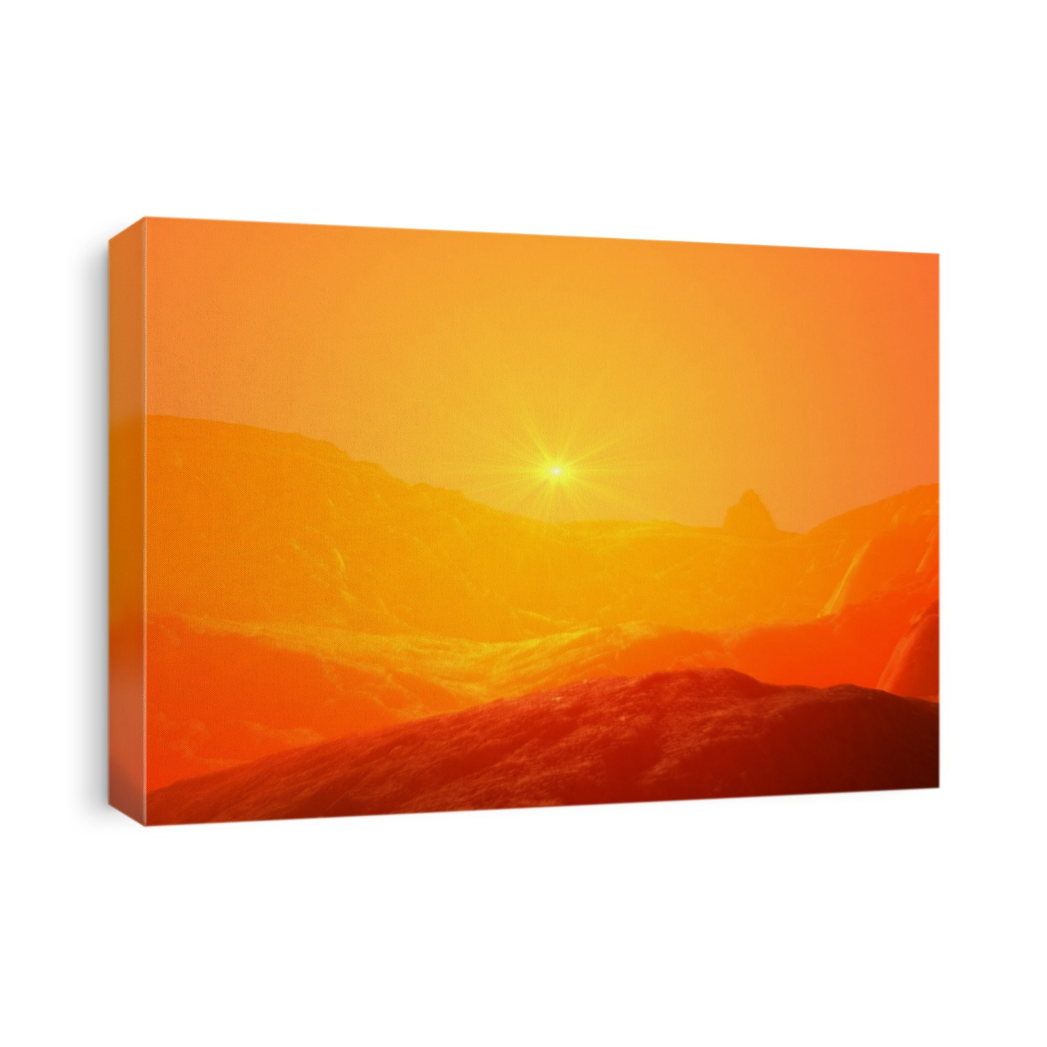 Exoplanet surface. Illustration of a planetary system's star (upper centre), seen in an orange glow on the surface of an alien planet.