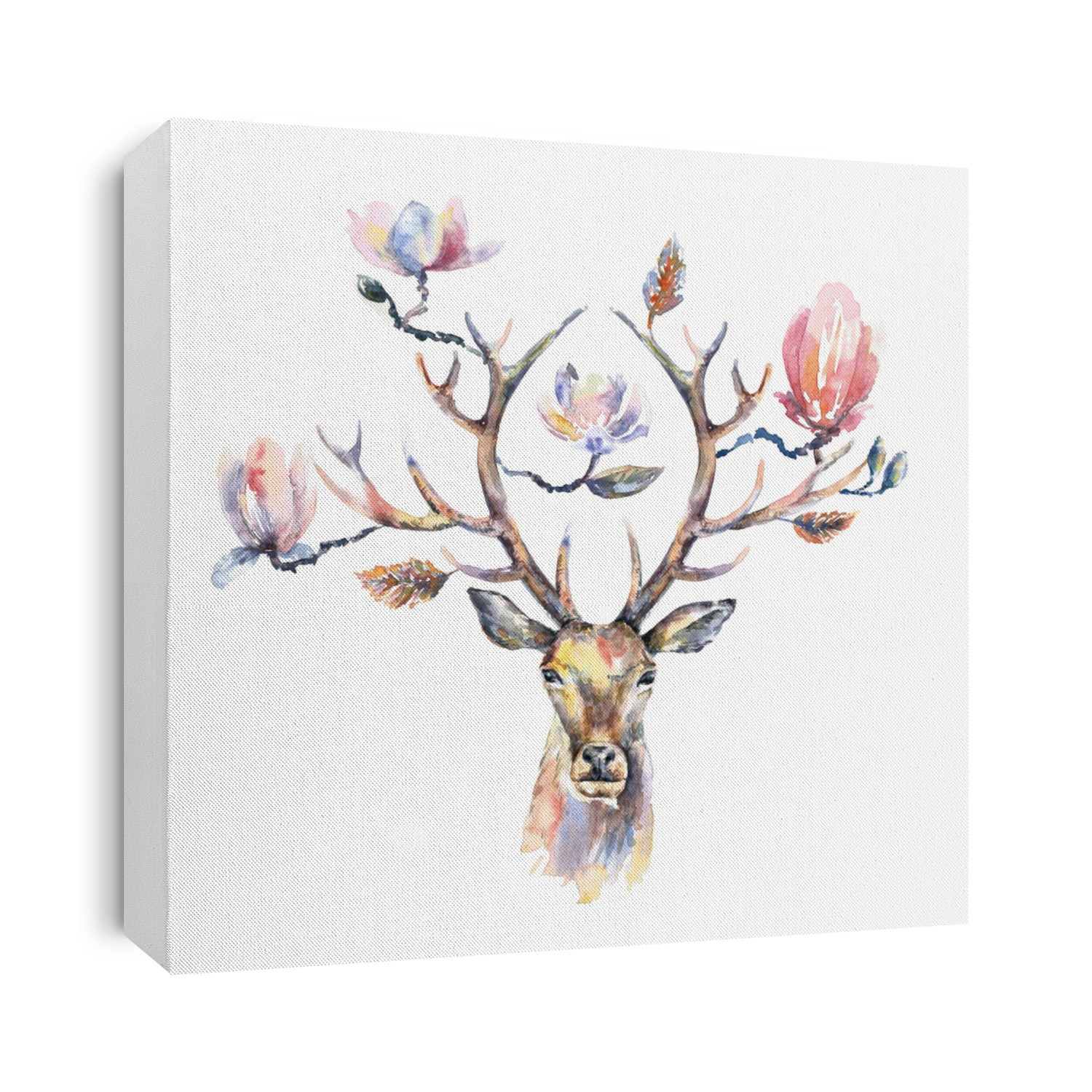 Watercolor illustration. Isolated deer head with flowers on the horns.