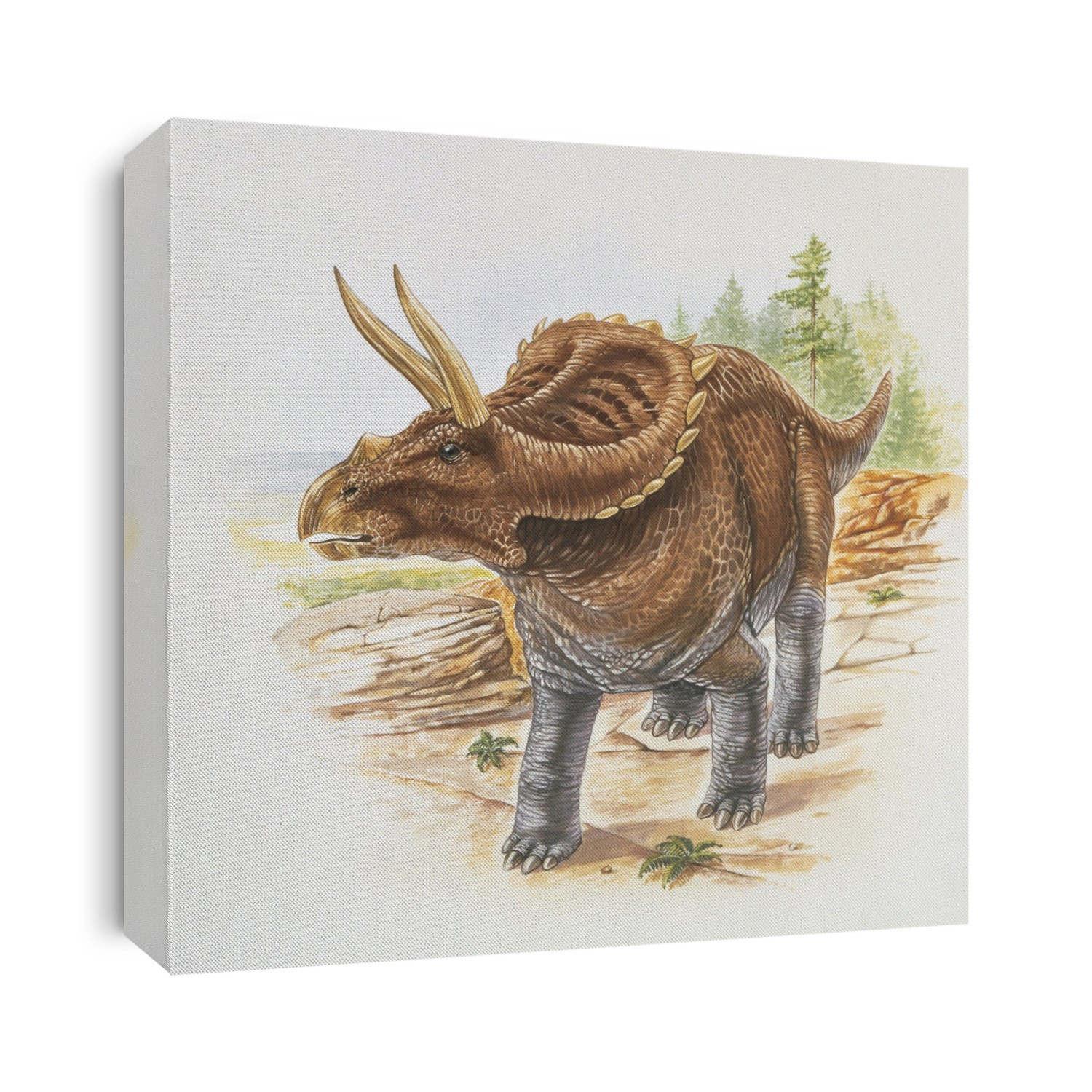 Dinosaur standing on a landscape. Arrhinoceratops.
