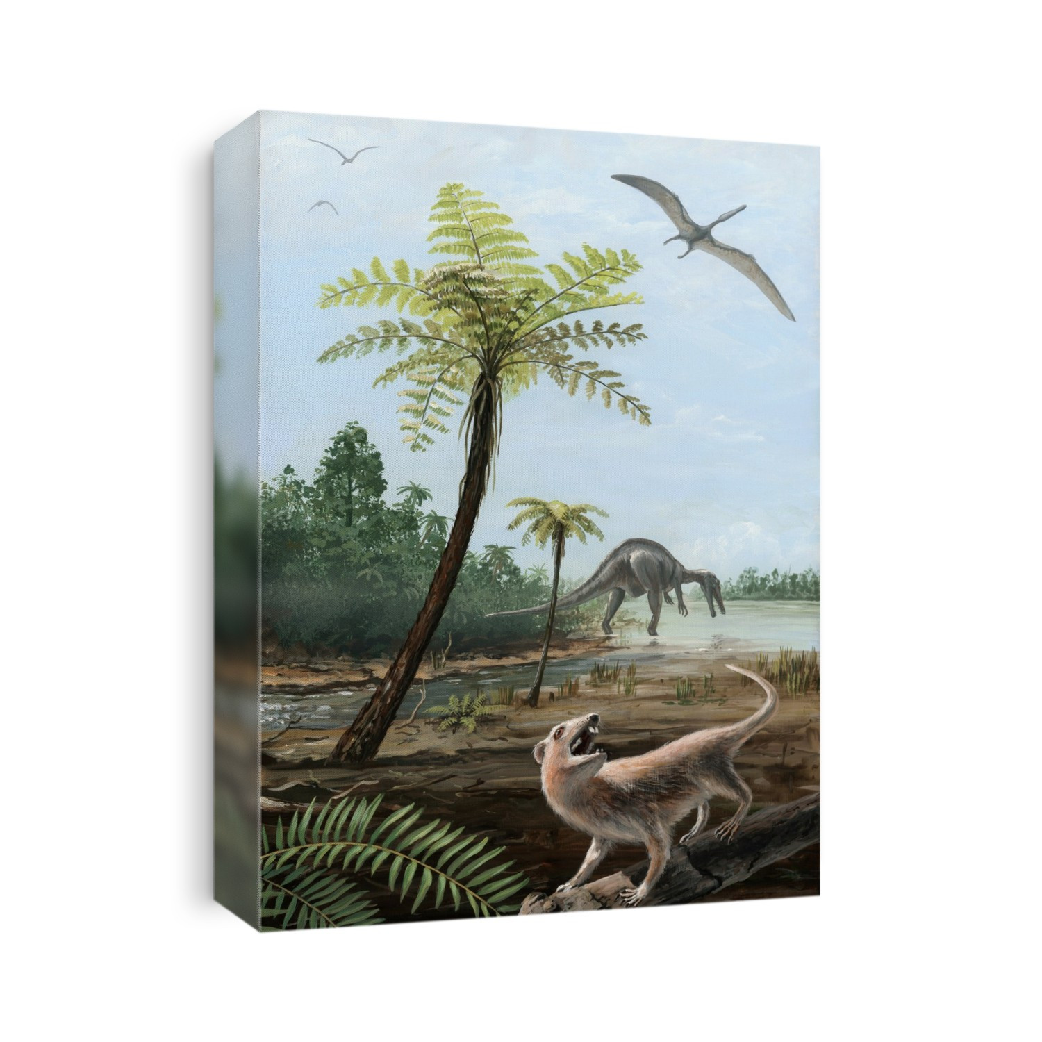 Cretaceous landscape. Artwork of animals and plants in a Cretaceous landscape in mid-Africa. A multituberculate (lower right) is on a branch. This rodent-like mammal existed for approx 125 million years before becoming extinct due to rodents during the Oligocene. A Suchomimus dinosaur (centre right) searches for fish, and flying reptiles (one at upper right) are overhead.