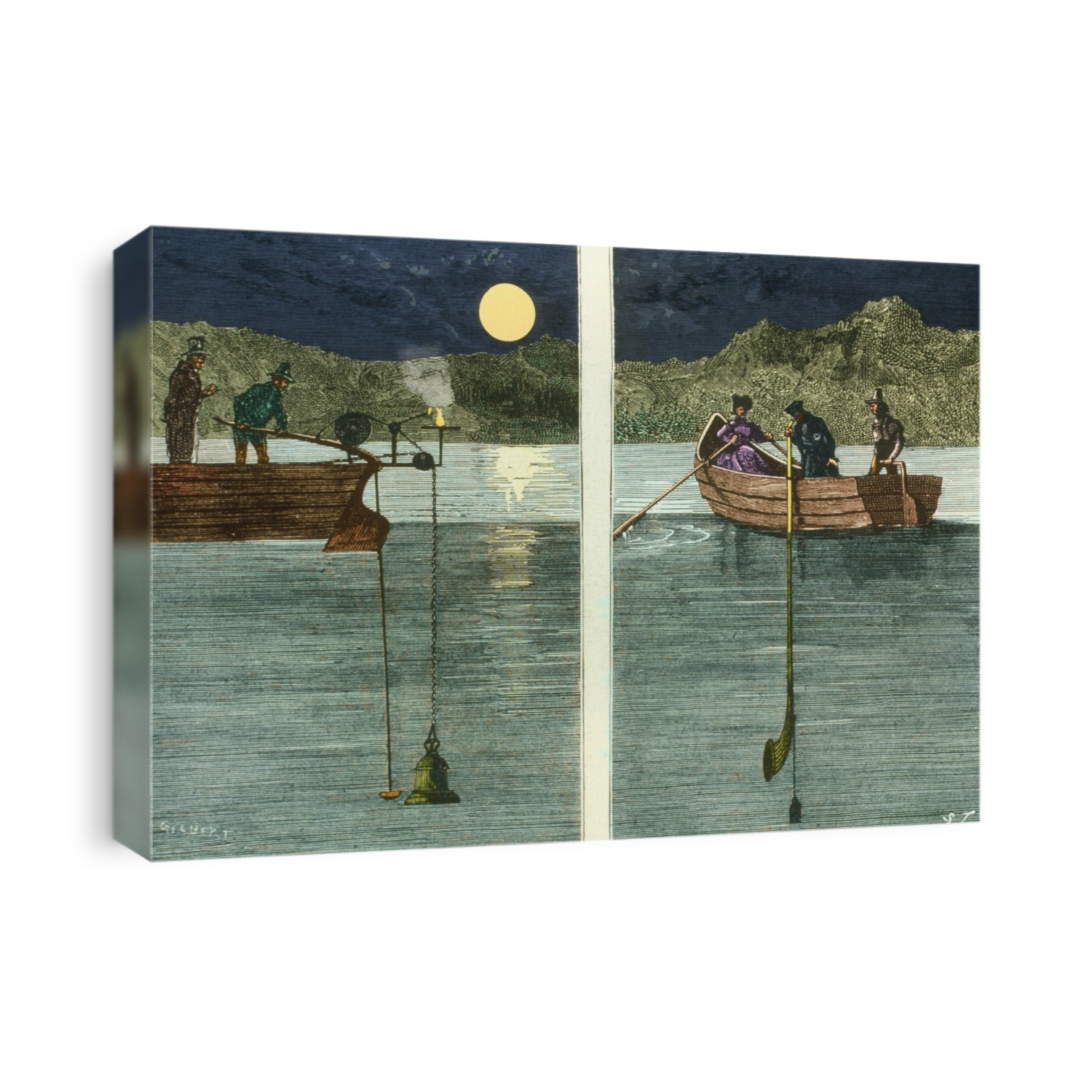 Speed of sound experiment. Coloured historical artwork of an experiment to find out the speed of sound through water. The experiment, on Lake Geneva in Switzerland, involved two boats. Apparatus on the first boat (at left) enabled a bell to be rung underwater at the same time that a charge of gunpowder was ignited in the air above it. The time at which the bell was heard through the ear-trumpet attached to the second boat (at right) was noted. This was compared to the time at which the flash of gunpowder was recorded by a chronometer on this second boat. This gave a speed of about 1435 metres per second, or roughly four times the speed of sound through dry air.