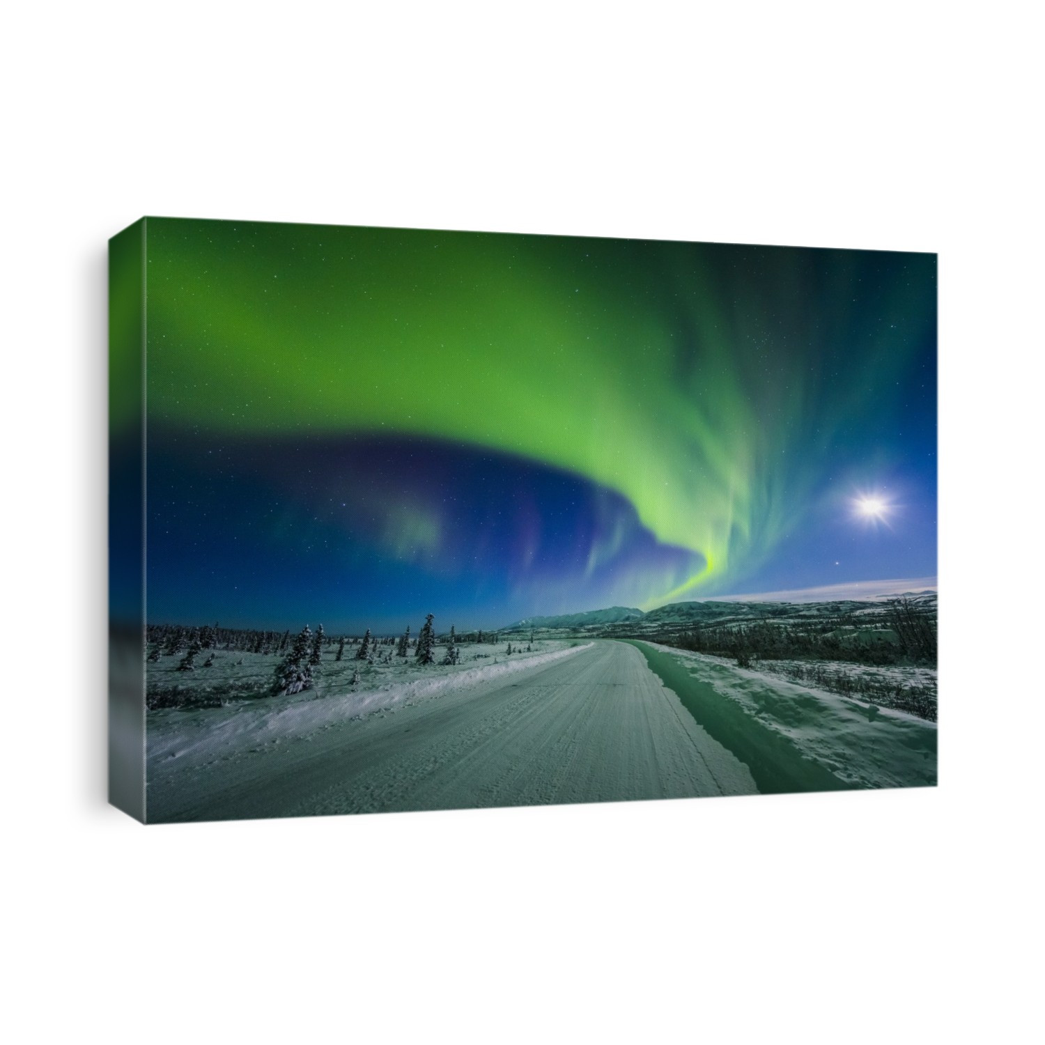 The Moon And Aurora Shine In The Night Sky Over A Snow Covered Richardson Highway South Of Delta Junction; Alaska, United States Of America