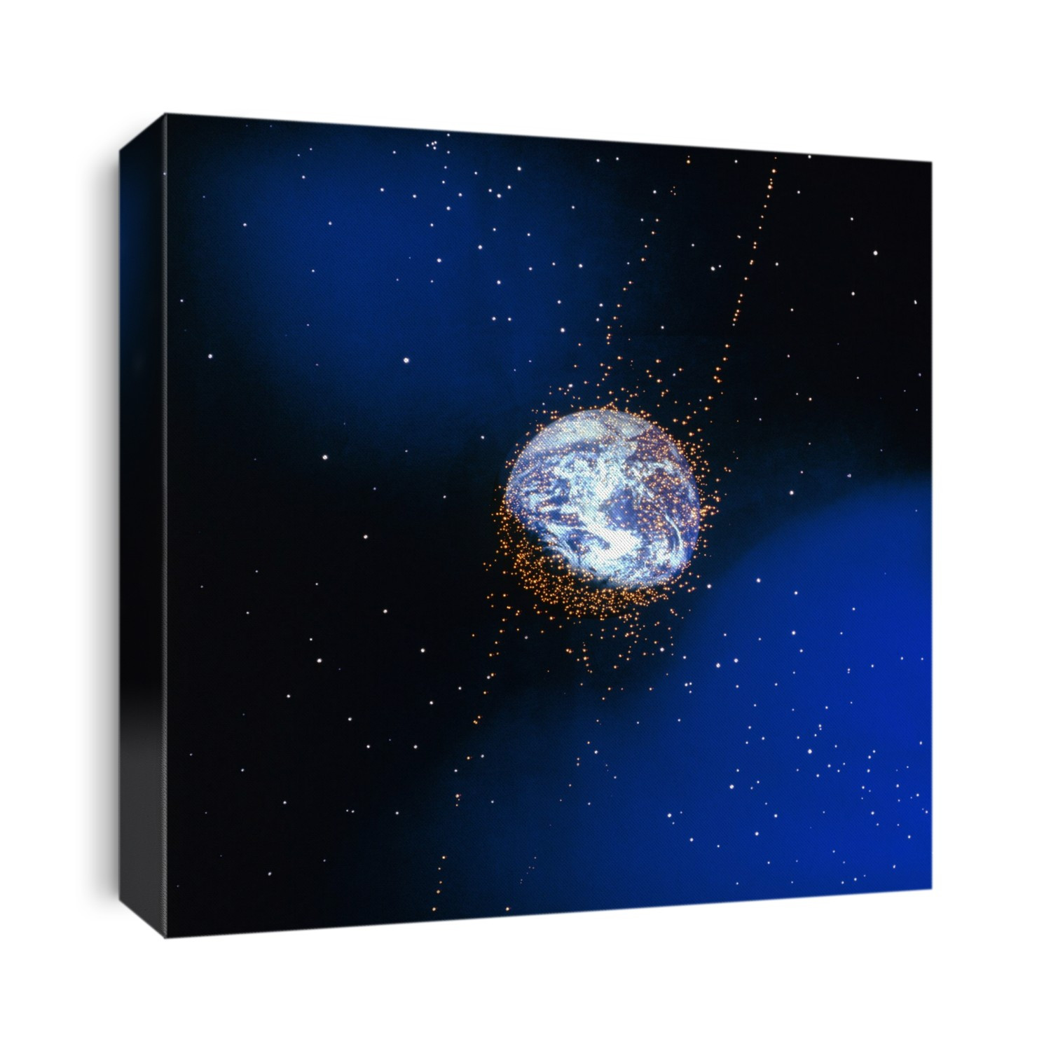 Space junk. Artwork of the distribution of debris (yellow dots) in orbit around the Earth. Some 22,000 man-made objects are in orbit around the Earth. Only a small fraction represents operating satellites; the remainder could be categorised as used rocket bodies, dead payloads, operational debris (such as optics covers and payload attachment hardware) and the consequence of 30 years of payload and rocket fragmentation. These objects are a hazard for future space missions due to the increasing probability of an impact with satellites or spacecrafts. The position of geo- synchronous satellites is marked by the inclined ellipse running from bottom left to top right.
