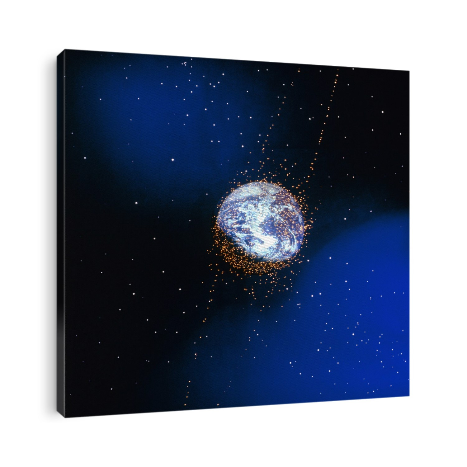 Space junk. Artwork of the distribution of debris (yellow dots) in orbit around the Earth. Some 22,000 man-made objects are in orbit around the Earth. Only a small fraction represents operating satellites; the remainder could be categorised as used rocket bodies, dead payloads, operational debris (such as optics covers and payload attachment hardware) and the consequence of 30 years of payload and rocket fragmentation. These objects are a hazard for future space missions due to the increasing probability of an impact with satellites or spacecrafts. The position of geo- synchronous satellites is marked by the inclined ellipse running from bottom left to top right.