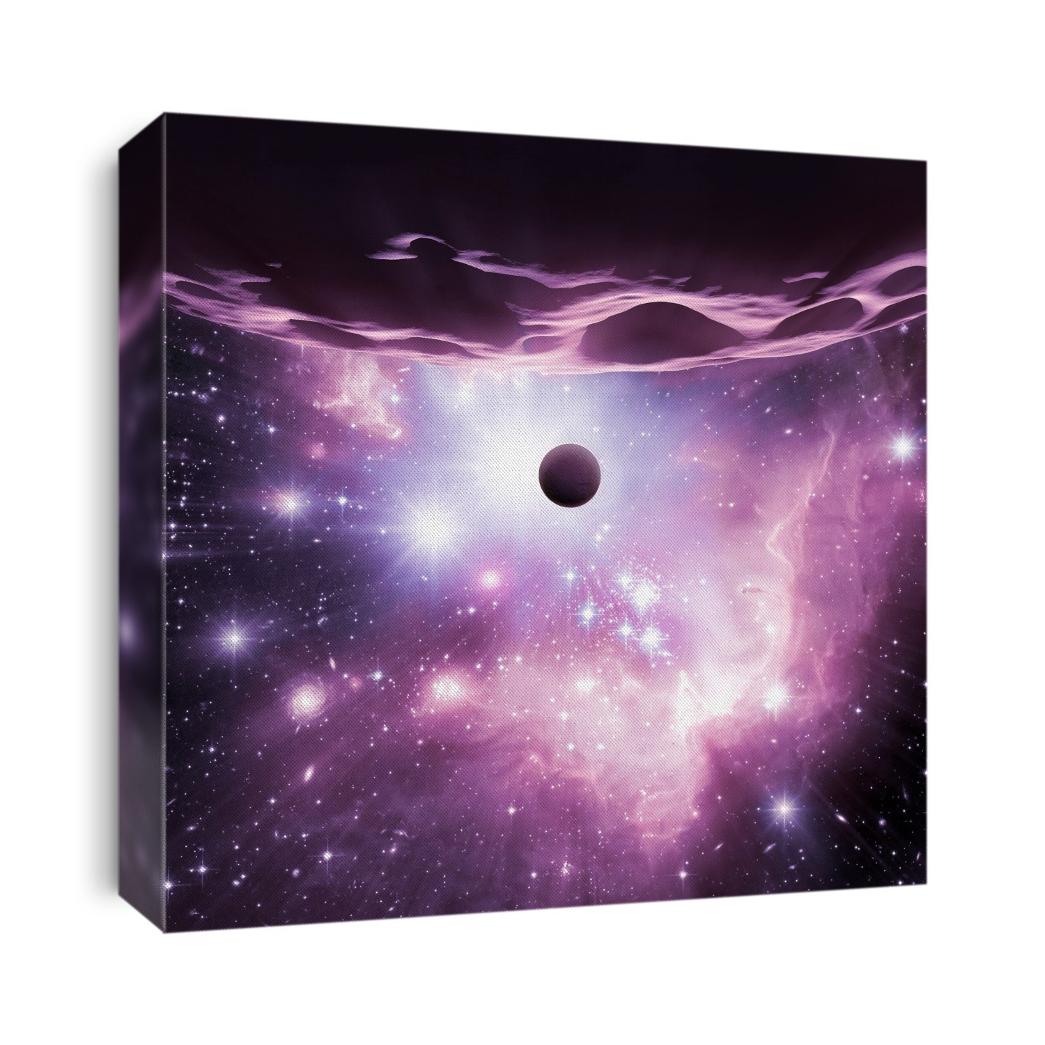 Alien planet and star cluster. Composite image combining a computer illustration of a view across the rocky surface of an asteroid towards an alien planet (centre), with a space observatory image showing X-ray emission from young solar-type stars in the background. These stars lie within the Wing of the Small Magellanic Cloud, a satellite galaxy of the Milky Way. The X-rays of these young stars trace how active their magnetic fields are, which provides a clue to their rotation rate and the motion of gas in their interiors. Imaged with X-ray data from the Chandra X-ray Observatory (purple), visible data from the Hubble Space Telescope (red, green, and blue), and infrared data from the Spitzer Space Telescope (red).