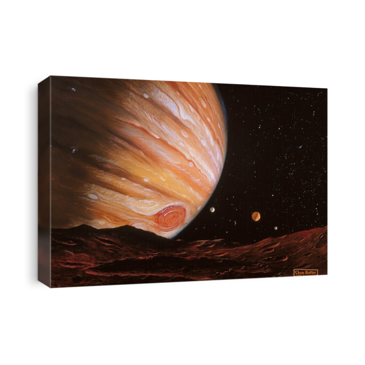 Artwork of Jupiter and three of its satellites as seen from the satellite Amalthea. Amalthea was discovered in 1892 by the American astronomer Edward E. Barnard. It has an average distance from Jupiter of about 222,000 km. Due to its close vicinity to the planet Amalthea's surface has been distorted to a tongue-like shape with dimensions of about 270x170x150 km. The atmosphere of Jupiter is characterised by several white oval-shaped cloud formations. Right above Amalthea's horizon the Great Red Spot is visible. It represents a large hurricane in the Jovian atmosphere and has been under observation since the 17th century.