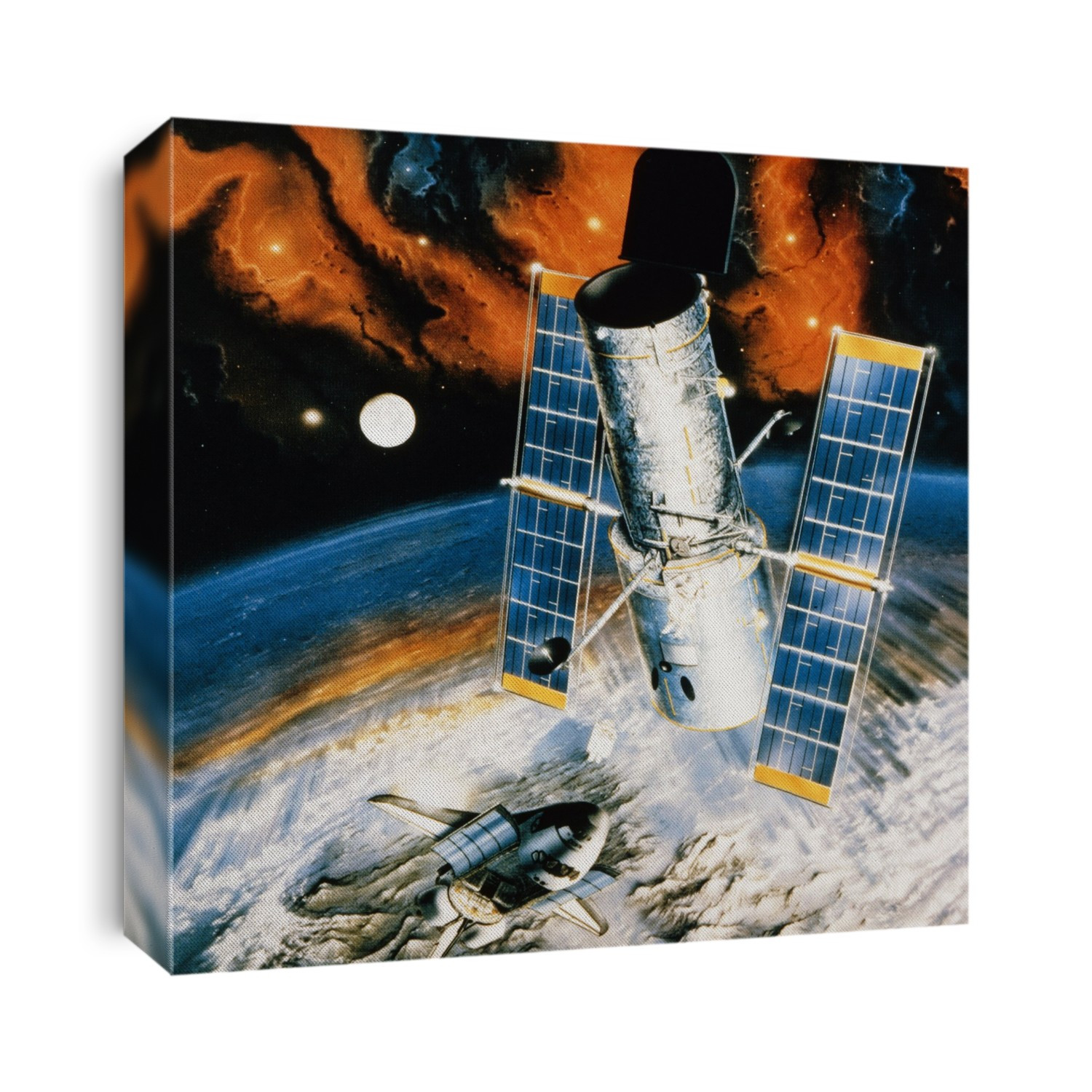 Artist's impression of the Hubble Space Telescope in orbit shortly after launch from the Space Shuttle. Due for launch in 1990, Space Telescope will be able to view objects 50 times fainter and 7 times further away than is possible with existing ground-based optical telescopes. In addition to being able to see fainter objects, Space Telescope will produce images of much higher resolution (detail) because they will not suffer the blurring effect of the Earth's turbulent atmosphere. The image shows the two solar panels which power the satellite & two dish antennae used for transmitting & receiving data. An astronaut is visible floating in space next to the shuttle.