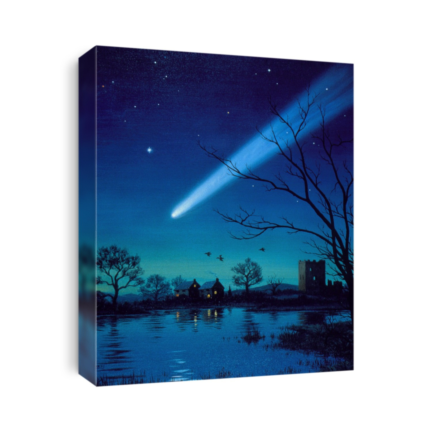 Comet. Artist's impression of a bright comet in the sky over a rural landscape. Visible is the comet's bright head (coma) and duller tail. Comets are lumps of dust and ice which have highly elliptical orbits around the Sun. As they near the Sun, the ice evaporates and a tail of gas and dust is produced and is visible on Earth as it reflects light. This tail always faces away from the Sun as it is pushed by a stream of charged particles (solar wind) which come from the Sun. Whilst the coma is only a few kilometres across, the tail's length can be up to 15 times the diameter of the Earth. Photographed from an oil painting on canvas.
