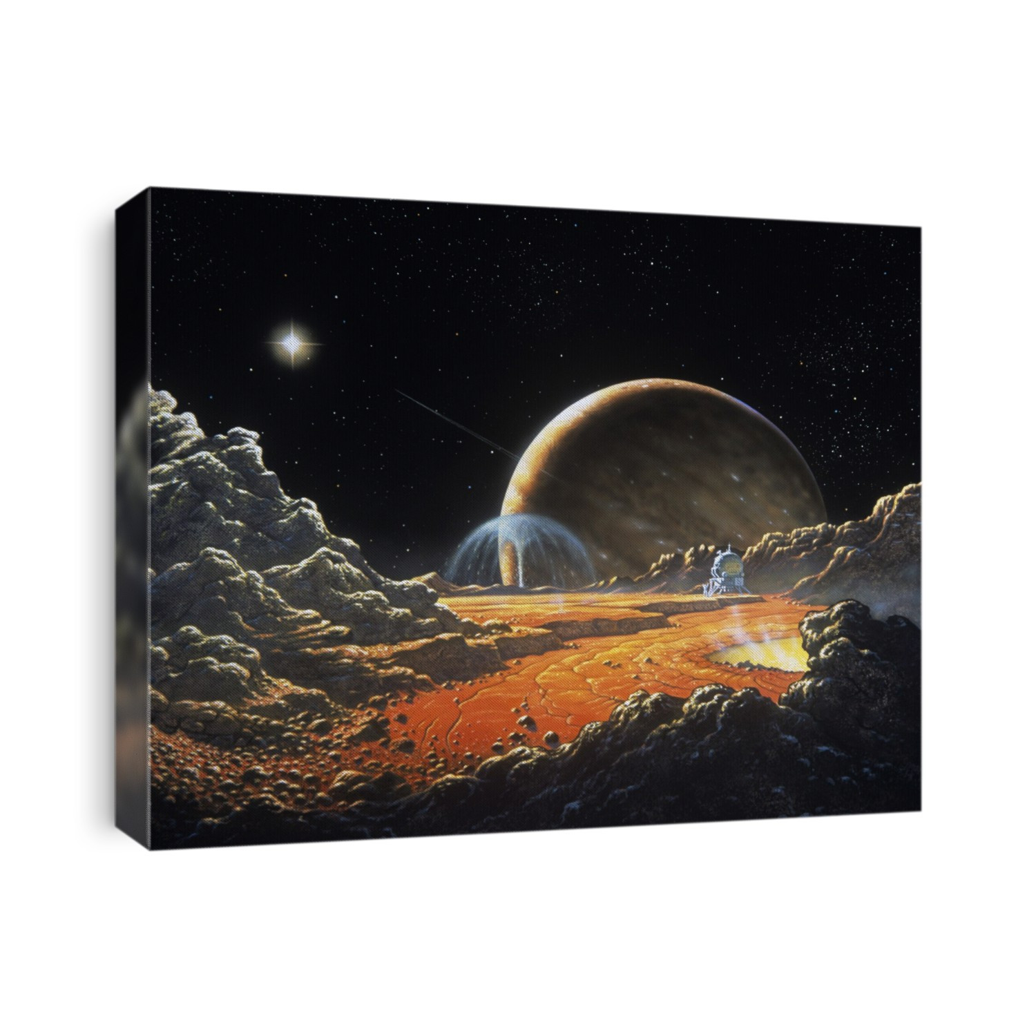 Artist's impression of the view on Io, the inner- most of the Galilean satellites (the four major moons of Jupiter). Continuous volcanic activity on the Jovian satellite was discovered by the two Voyager spacecraft when they passed through the Jovian system in March and July 1979. The heating effect responsible for this activity is thought to arise from internal stresses due to tidal effects. This image shows a prominent lake of sulphur-rich lava at right and the eruption of a sulphur- dioxide geyser in the background. Jupiter, 421,760 km away, is visible above the horizon, as is the sun which resembles a bright star at left. A spaceship has landed at right.