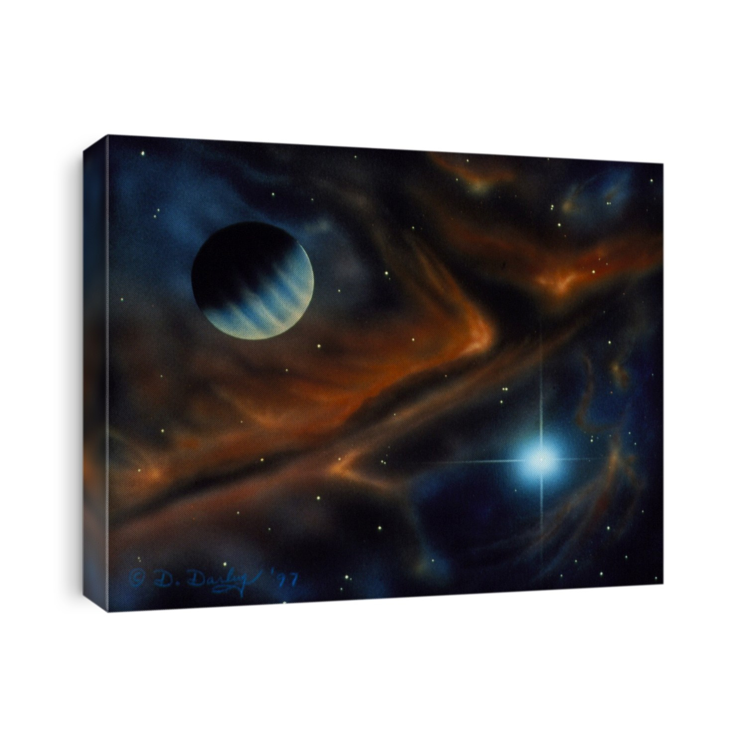 Alien planet. Artwork of a planet orbiting a star (lower right) in an emission nebula. These nebulae are starbirth regions which glow due to excitation of their gas by hot young stars within them.