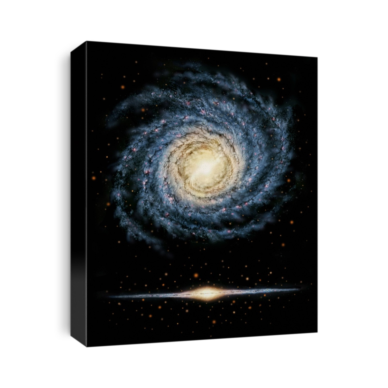 Milky Way galaxy. Top and side views of the Milky Way galaxy, which contains our solar system. The Sun is one of billions of stars in the Milky Way. It is found in one of the spiral arms. The Milky Way is a spiral galaxy. It has a large nucleus (yellow) made up of mainly older, redder stars. The spiral arms (blue) contain mainly hot young stars (blue) and starbirth regions (pink). The galaxy is surrounded by a halo of globular star clusters (red dots). These are huge balls of hundreds of thousands of very old, densely packed stars. The Milky Way is around 120,000 light years in diameter.