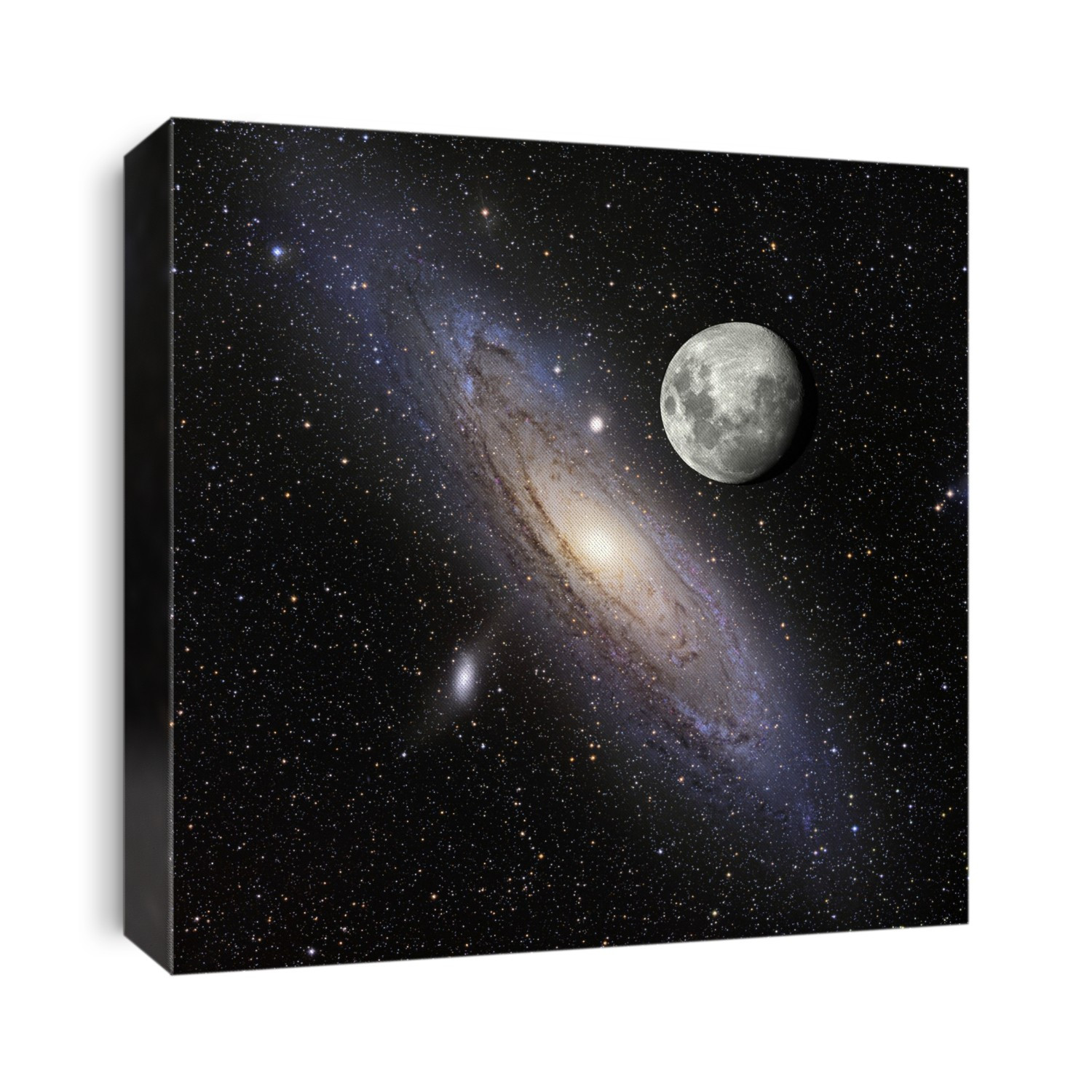 Andromeda galaxy (M31) and Earth's moon. Composite of optical images showing the Andromeda galaxy (M31) and the Moon at the same scale. This large galaxy consists of a central nucleus surrounded by spiral arms. It is flanked by two dwarf elliptical galaxies, M32 (NGC 221) and M110 (NGC 205). M32 is seen as a large star-like dot directly above the Andromeda galaxy's nucleus, while M110 is the blurry-edged white smudge to the lower left of the Andromeda galaxy. The system is found in the constellation Andromeda and is around 2.5 million light years from Earth.