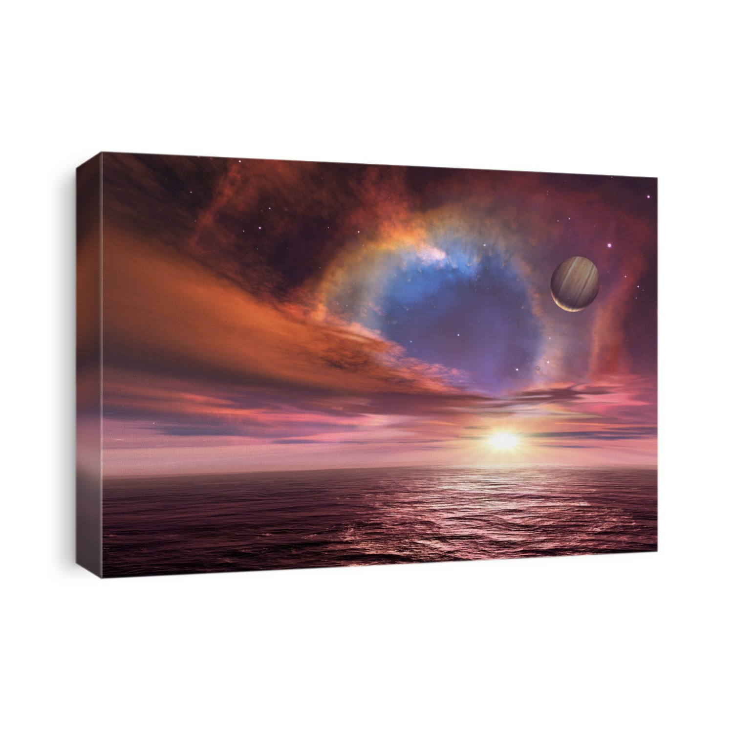 Alien planets and exploding star. Computer illustration of a view across water on the surface of an alien planet with another planet (upper right) and an exploding star in the background.