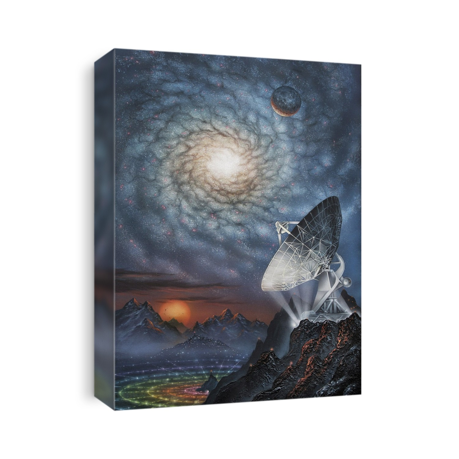 Alien radio telescope. Computer artwork of a view across an alien planet, with a radio telescope on a mountain-top.